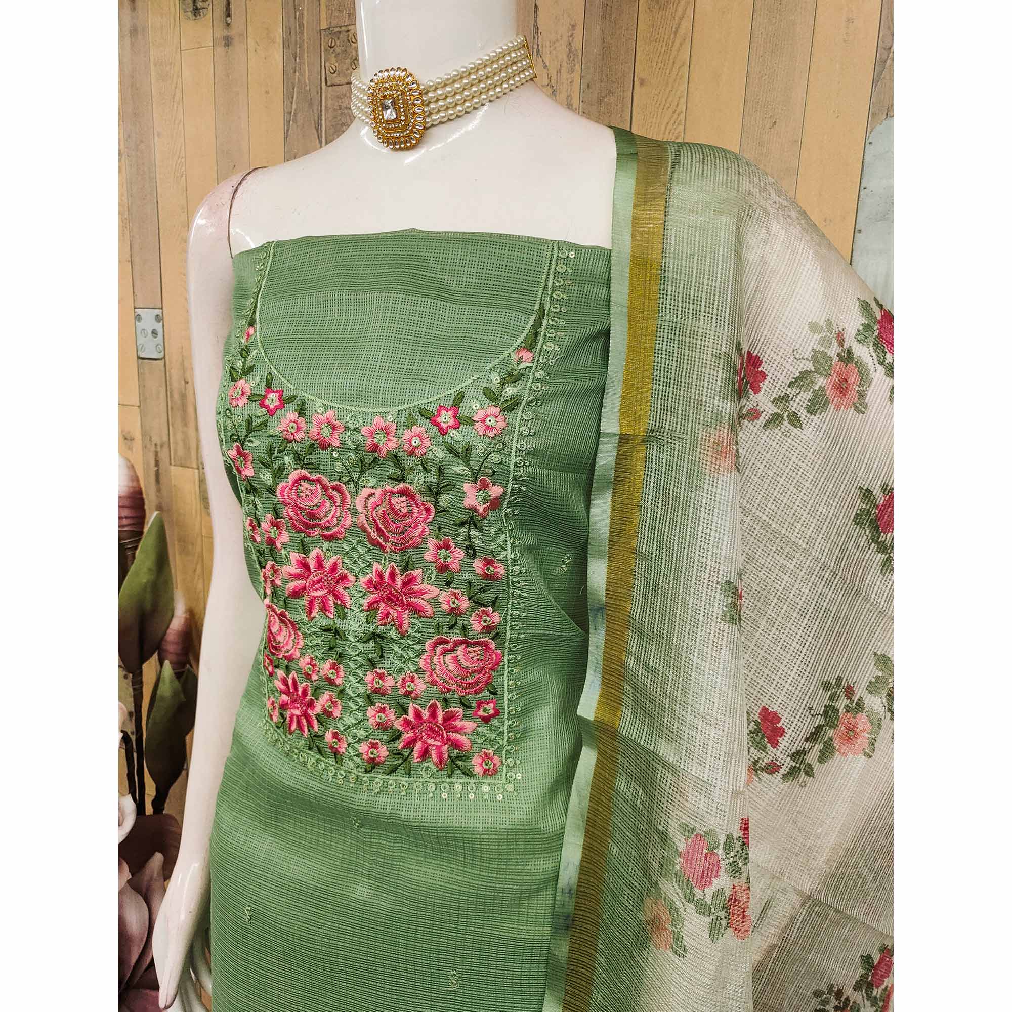 Green Kota Doria Dress Material Featuring Elegant Floral Design With Sparkling Sequins Embroidery - Image 4