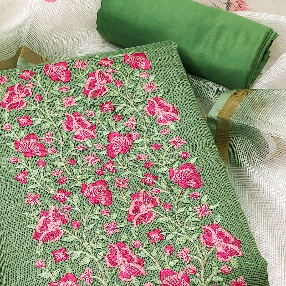 Green Kota Doria Dress Material With Intricate Floral Motifs & Sparkling Sequins Embroidery - Image 2