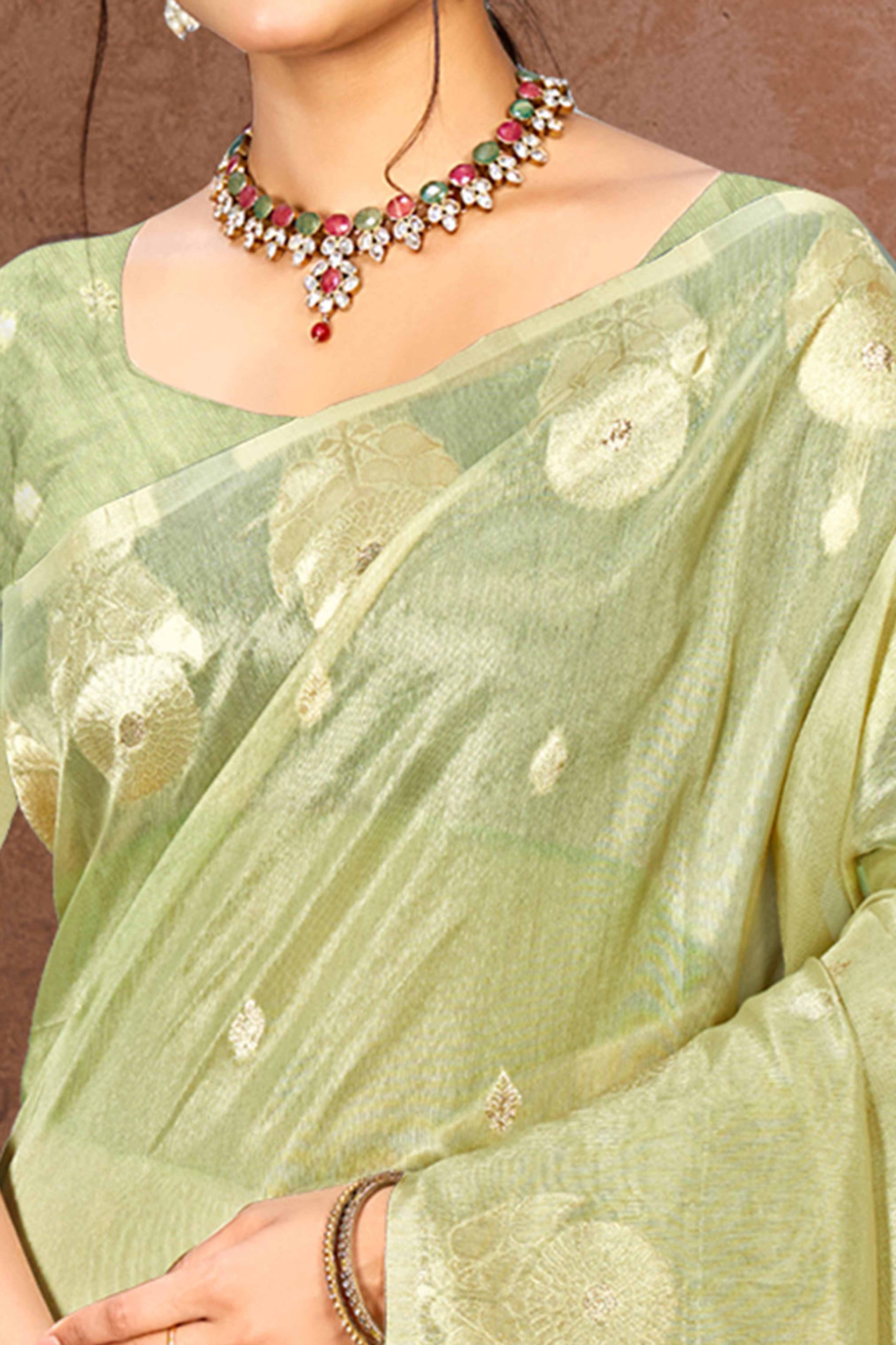 Green Kota Doria Saree with Rich Traditional Zari Woven Borders - Image 2