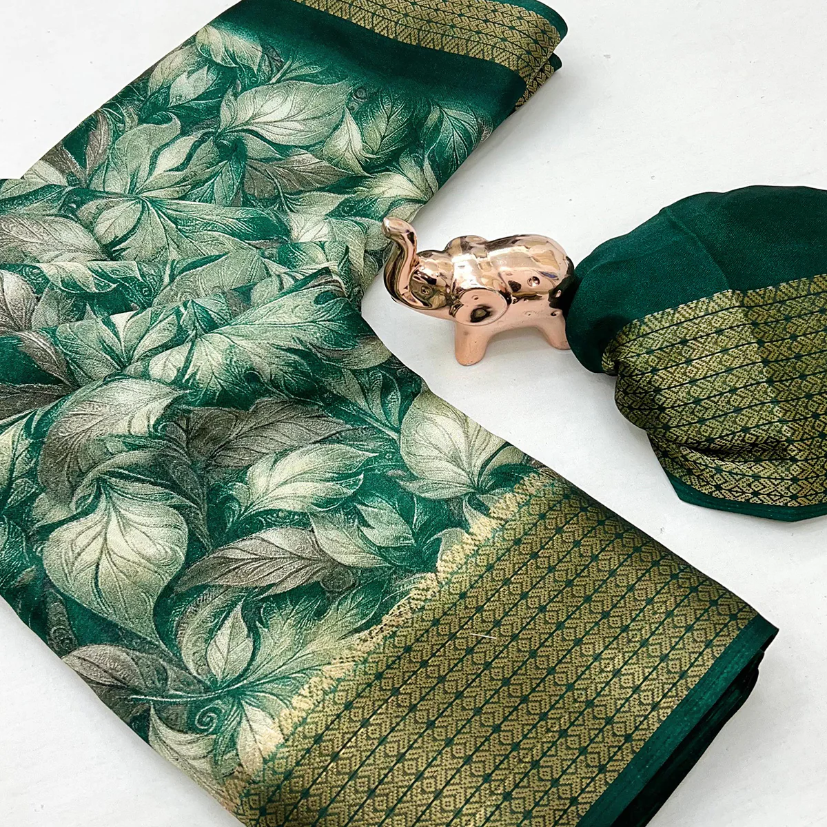 Green Leaf Printed Dola Silk Marshmallow Saree With Paisley Jaal Pallu & Lustrous Weaving Border - Image 2