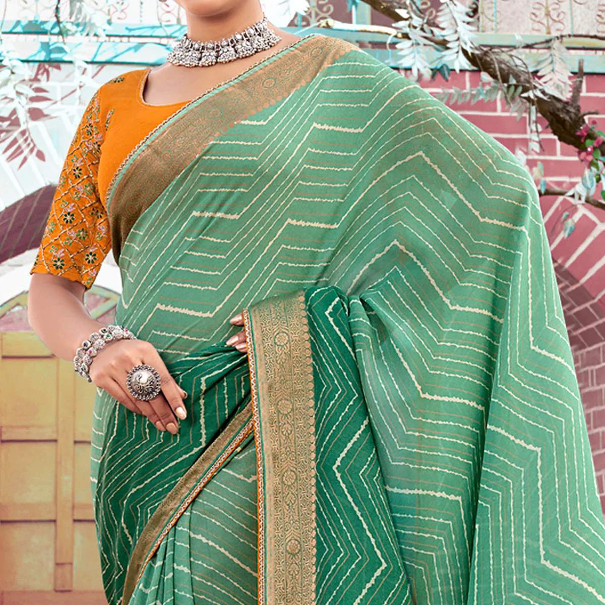 Green Leheriya Printed Georgette Saree With Jacquard Border - Image 3