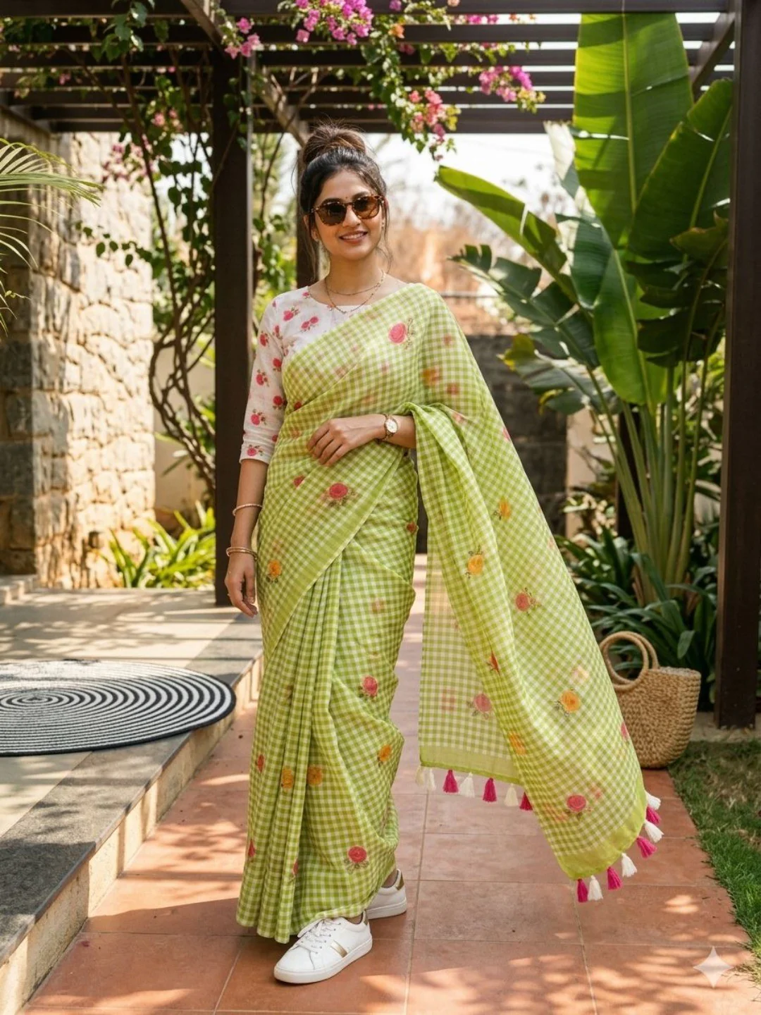 Green Linen Checked Saree with Floral Print With Tassels