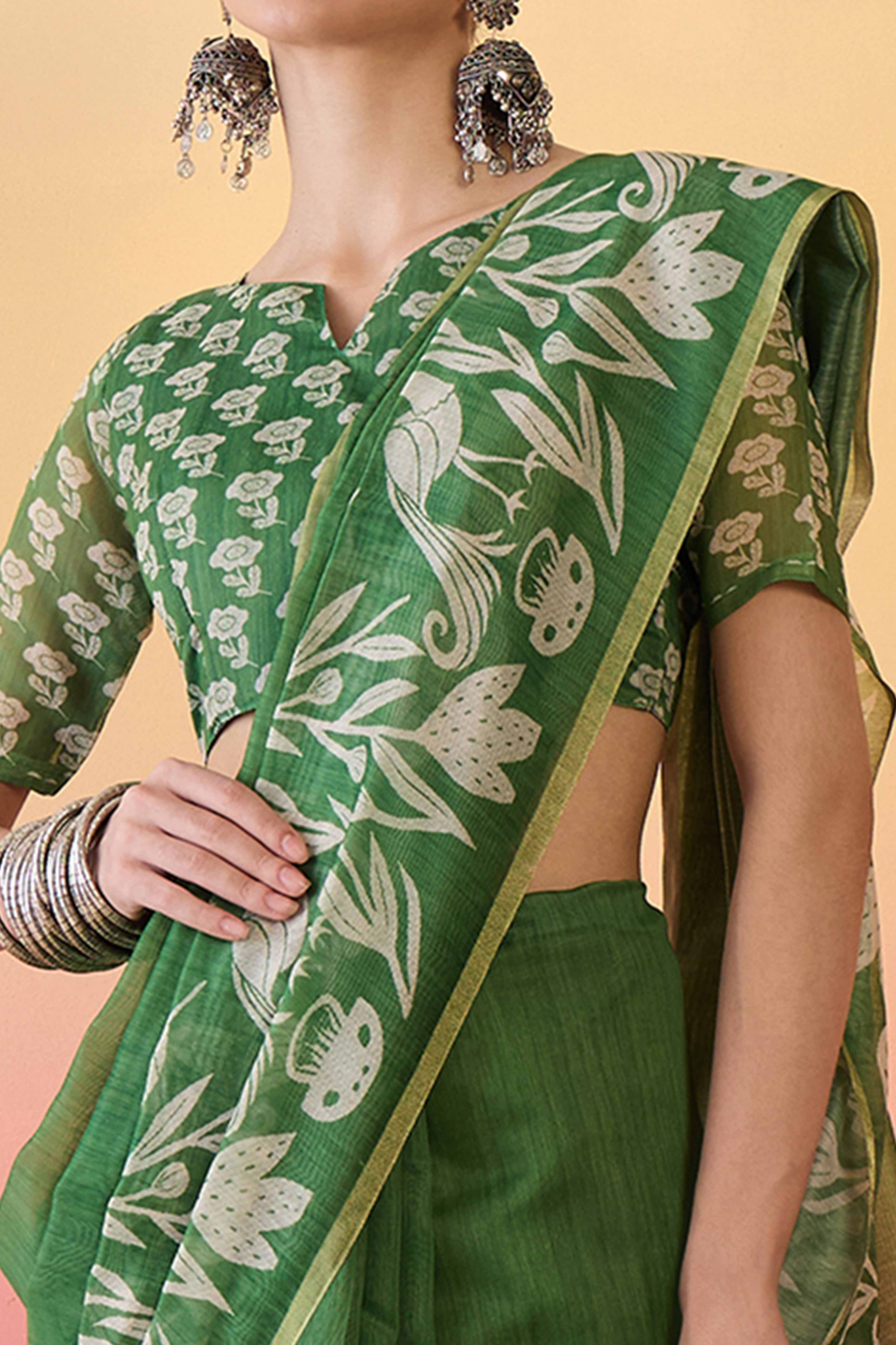 Green Linen Cotton Saree Featuring Elegant Floral & Bird Prints With Tassel Pallu - Image 2