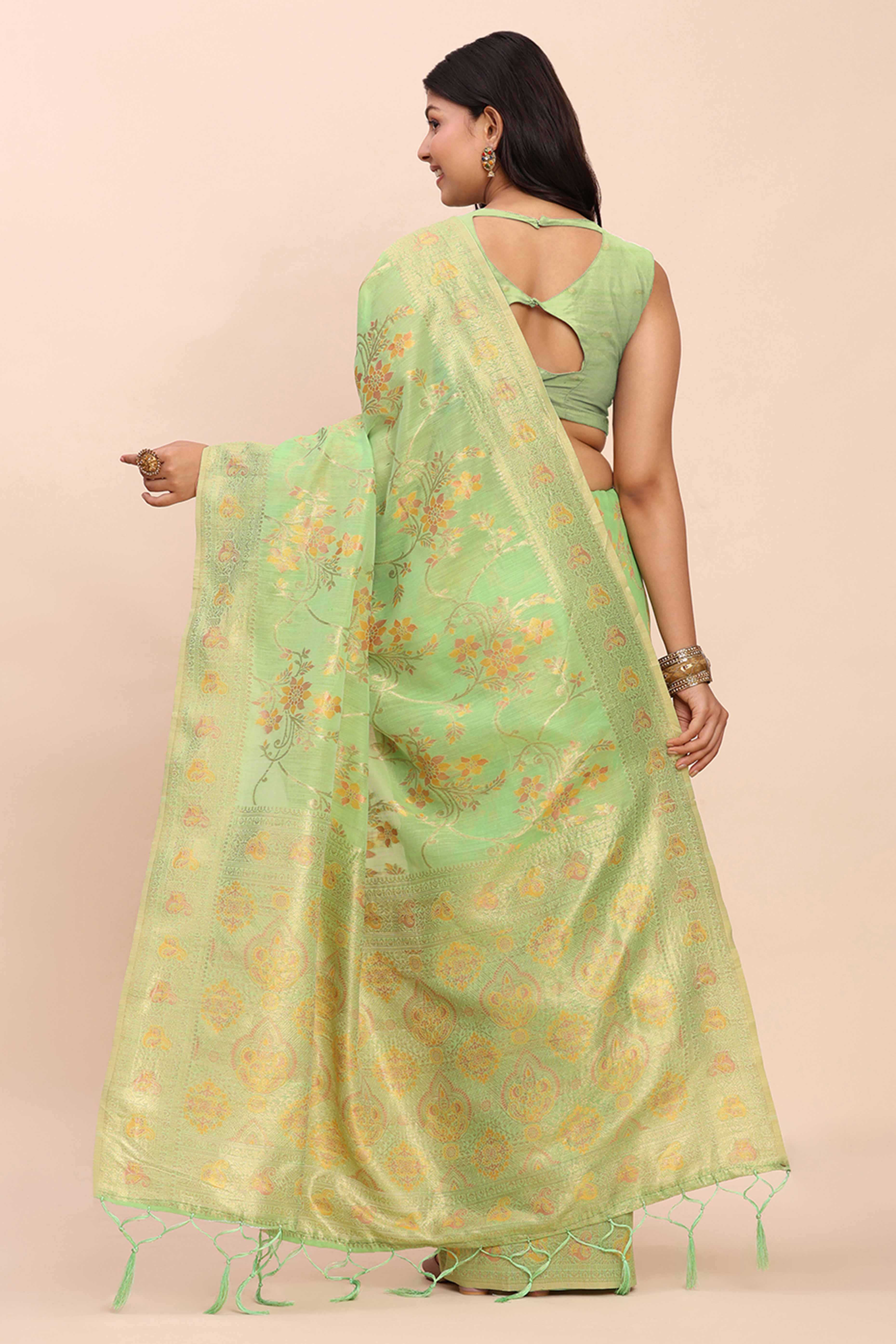 Green Linen Cotton Saree Showcasing Floral Zari Weaves & A Tasselled Finish Pallu - Image 6