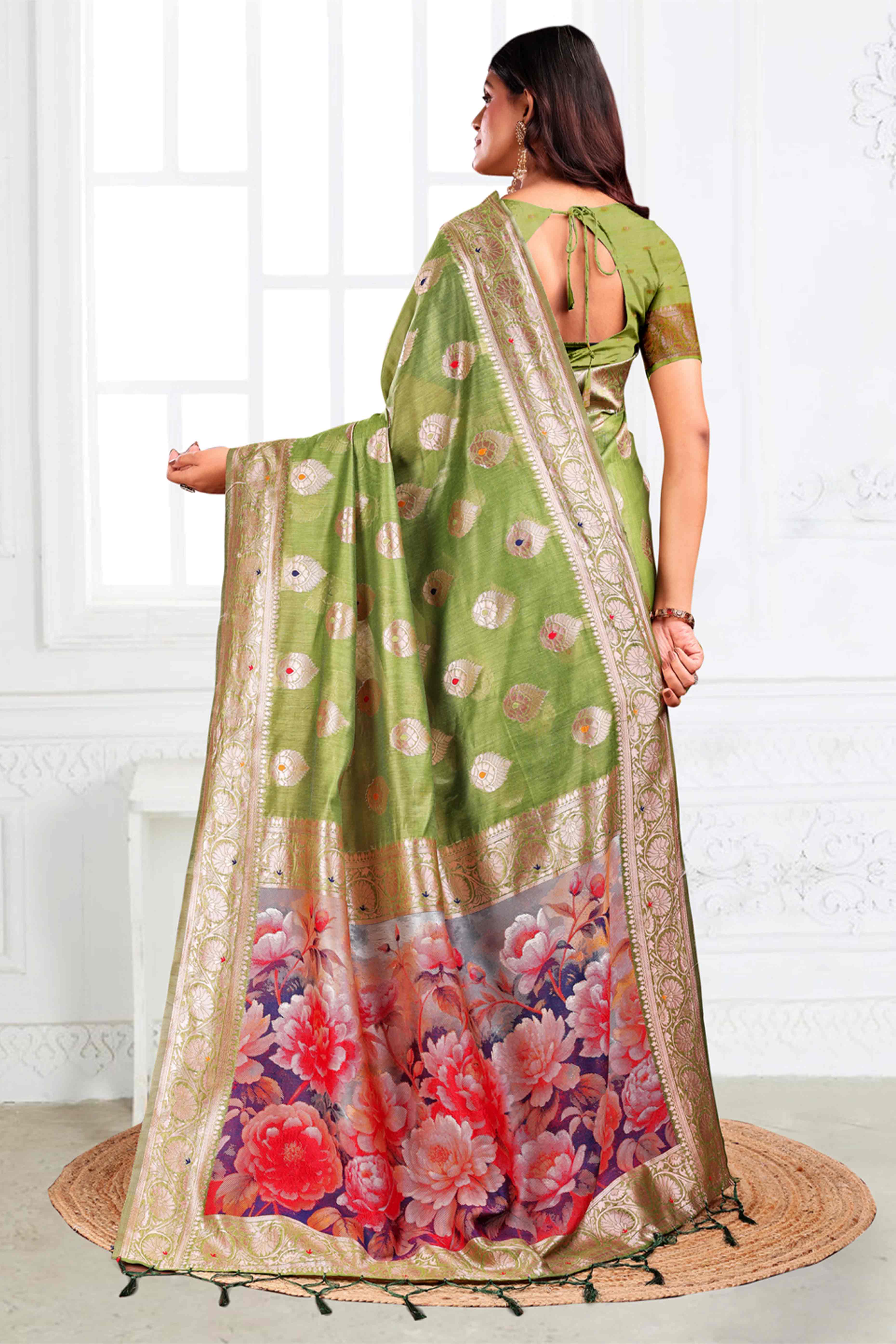 Green Linen Cotton Silk Saree Adorned With Intricate Floral Zari Weaving & Tassel Pallu - Image 6