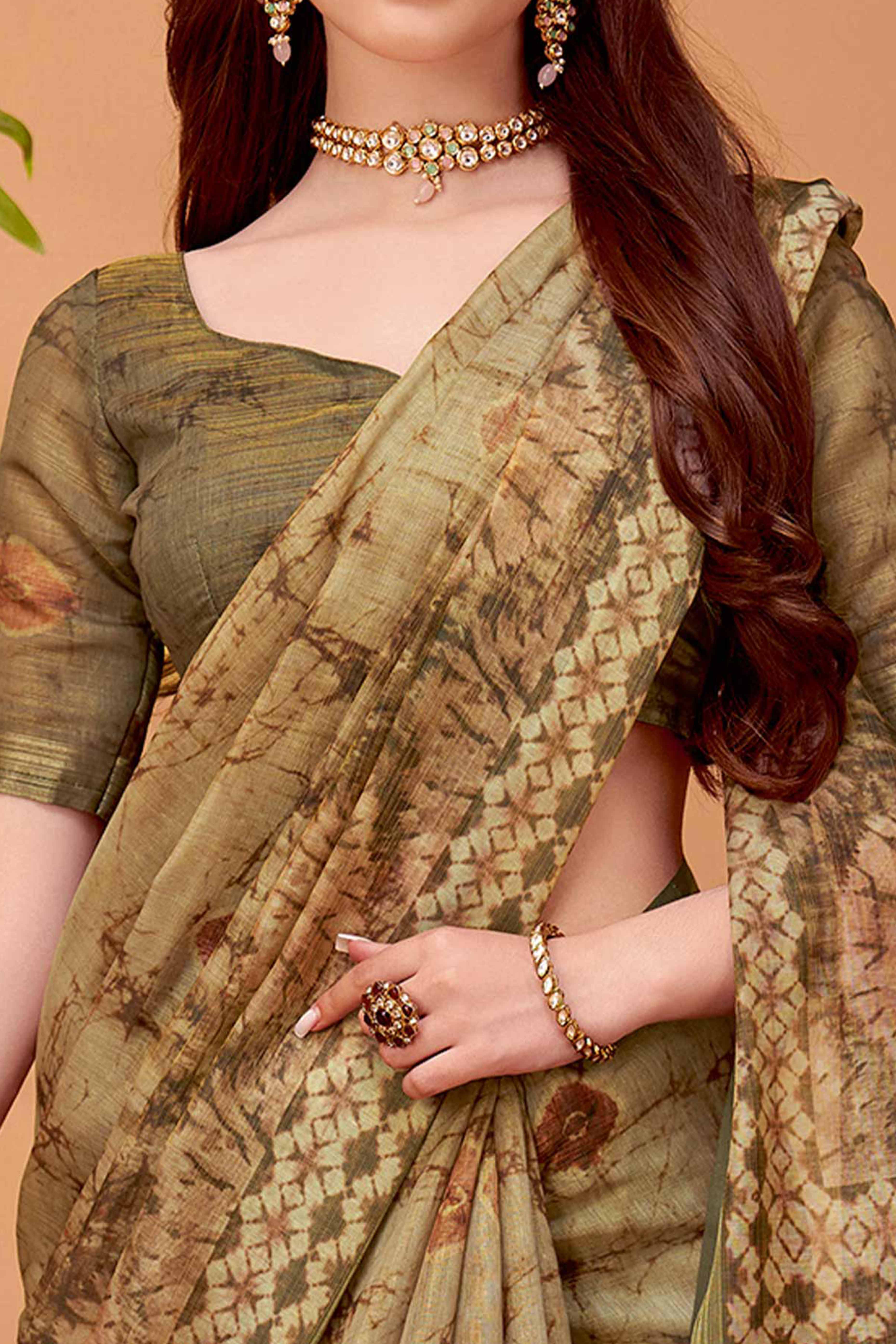 Green Linen Khadi Saree Adorned with Subtle Floral Prints - Image 2