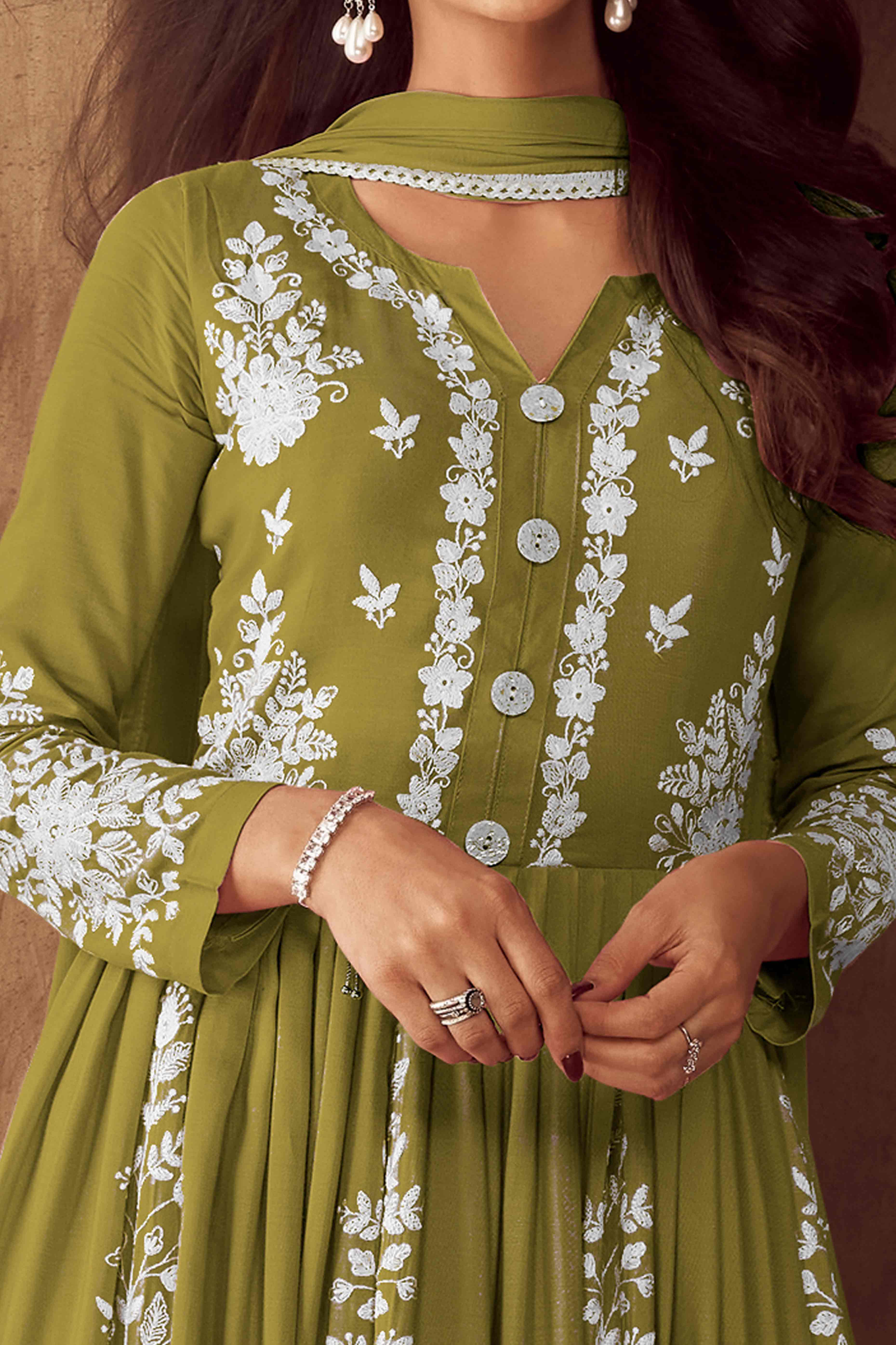 Green Lucknowi Embroidered Rayon Palazzo Suit - Image 2