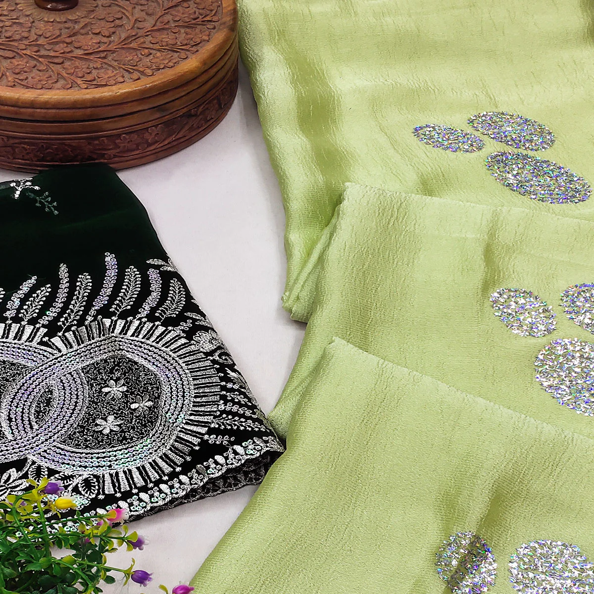 Green Mirror Work Embroidered Chiffon Saree - Image 2
