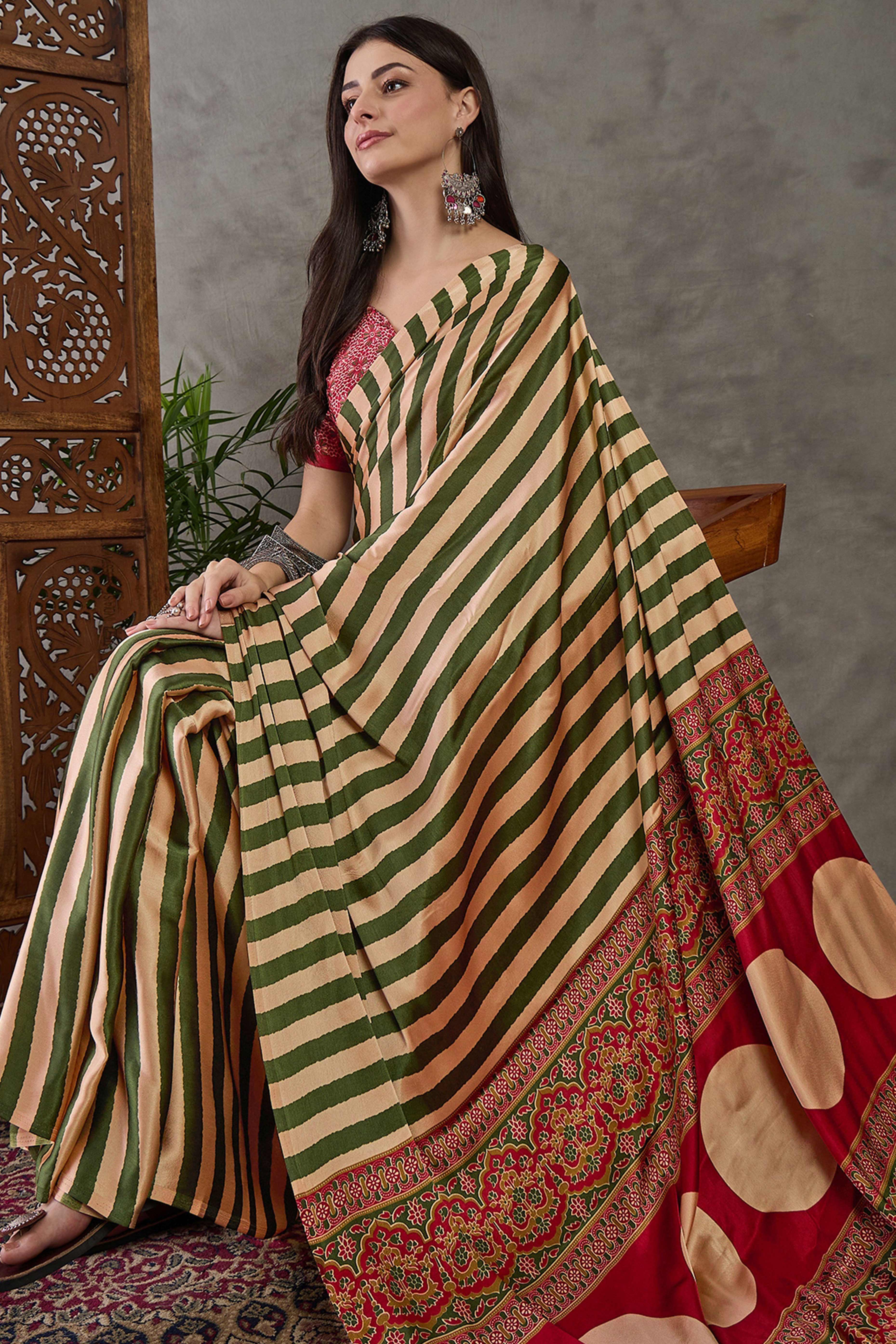Green Modal Satin Saree with Stripe Design and Ajrakh Print on Pallu - Image 5
