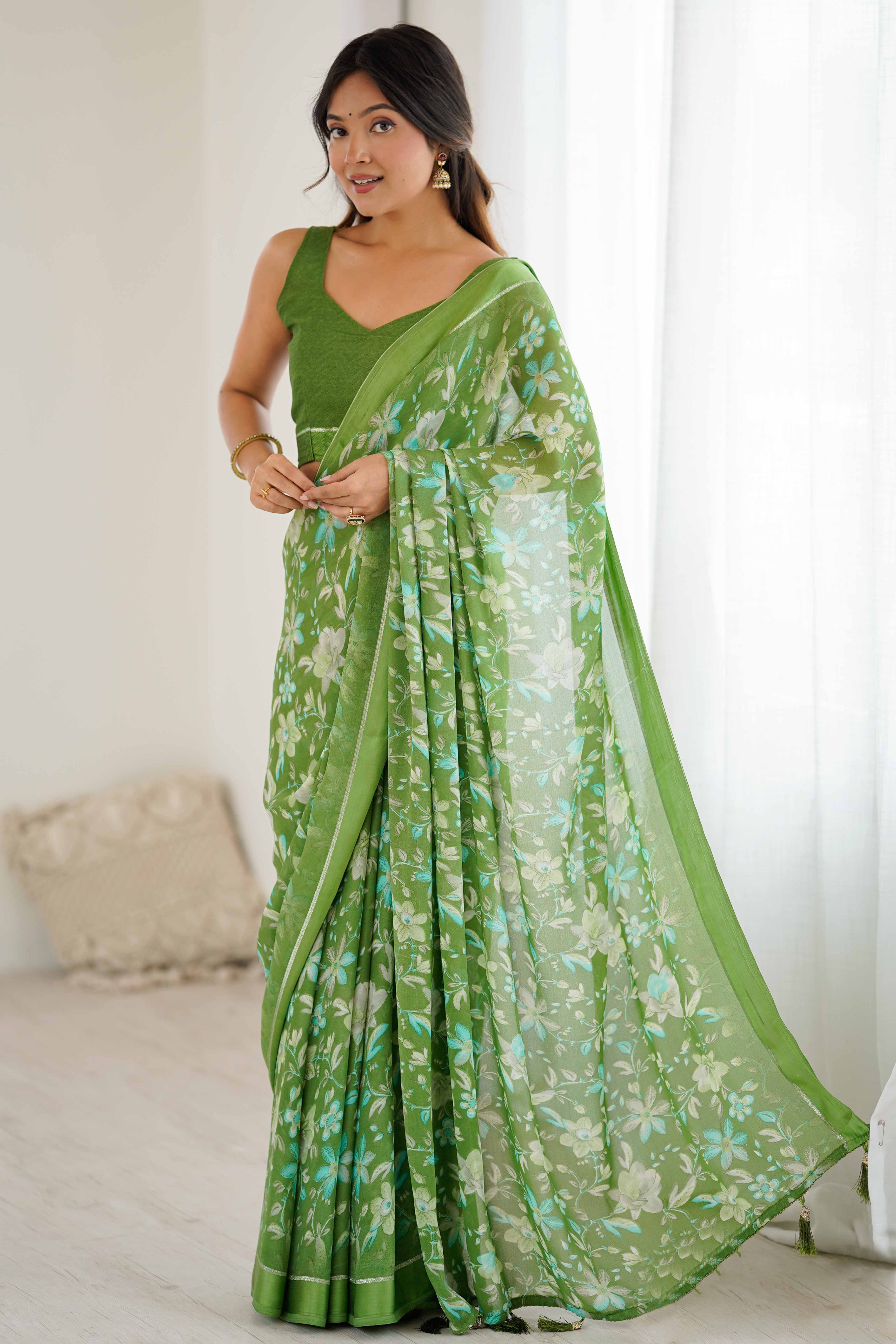 Green Moss Silk Blend Saree With Artistic Floral Digital Print & Stylish Tassel Pallu - Image 3