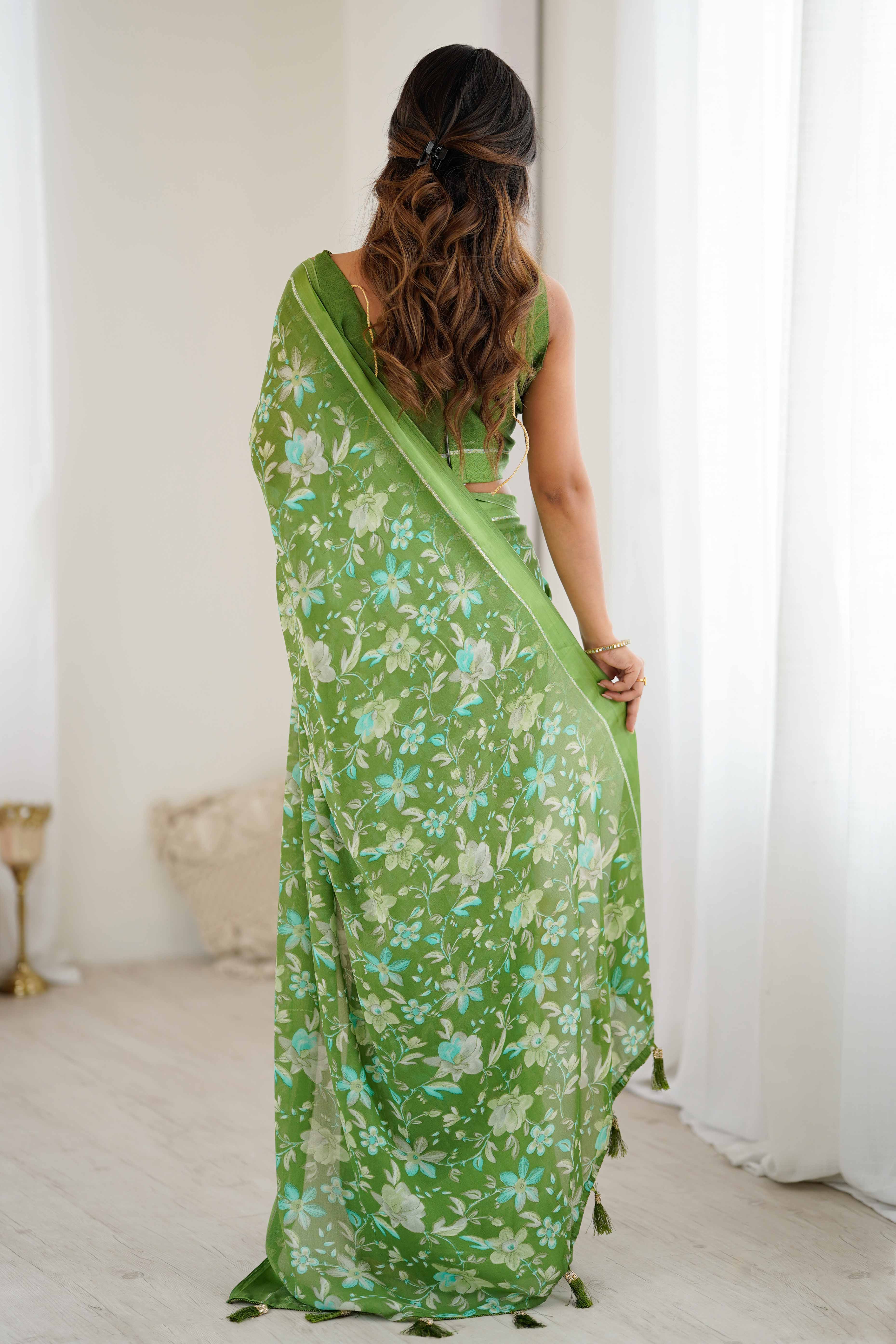 Green Moss Silk Blend Saree With Artistic Floral Digital Print & Stylish Tassel Pallu - Image 5