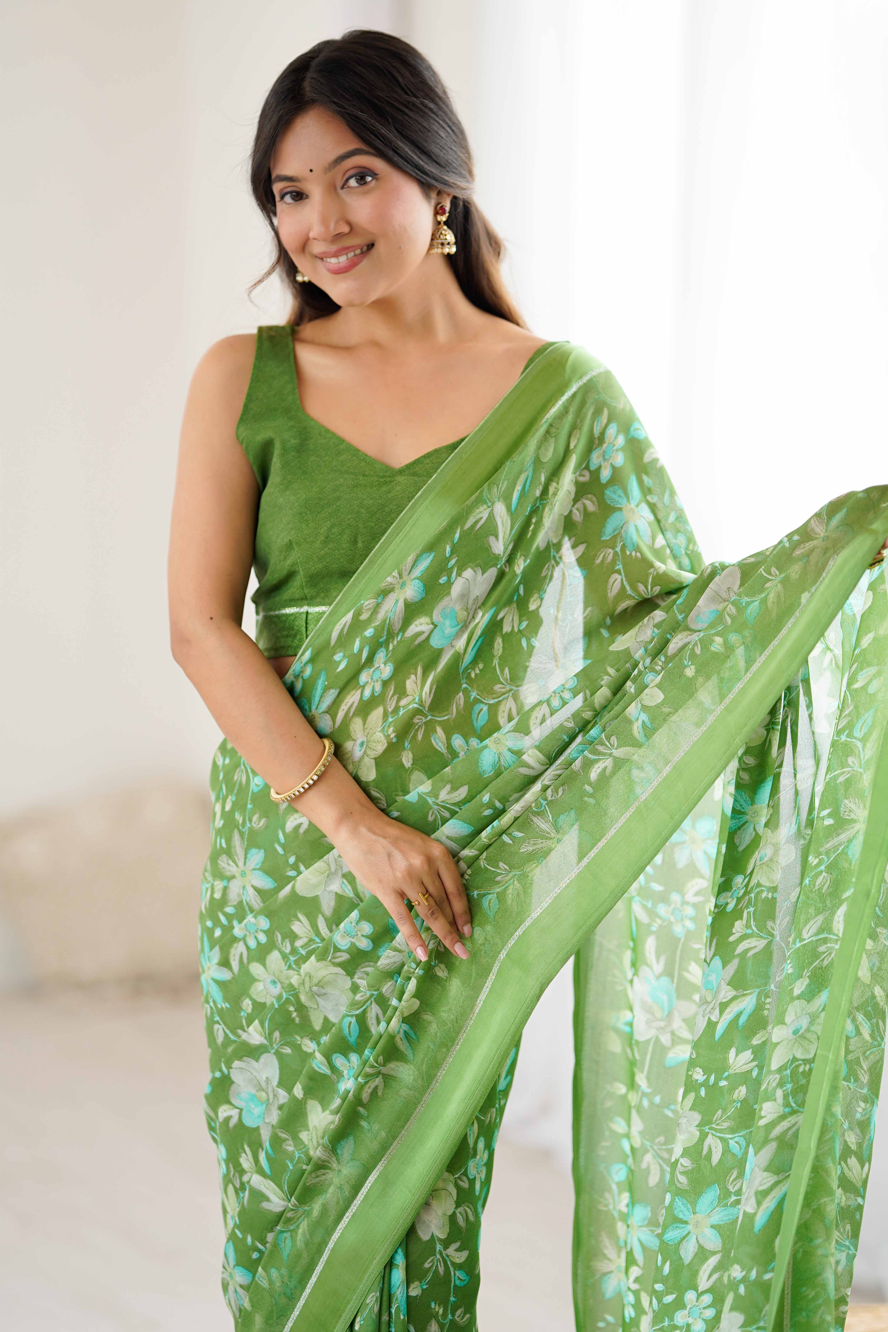 Green Moss Silk Blend Saree With Artistic Floral Digital Print & Stylish Tassel Pallu - Image 7