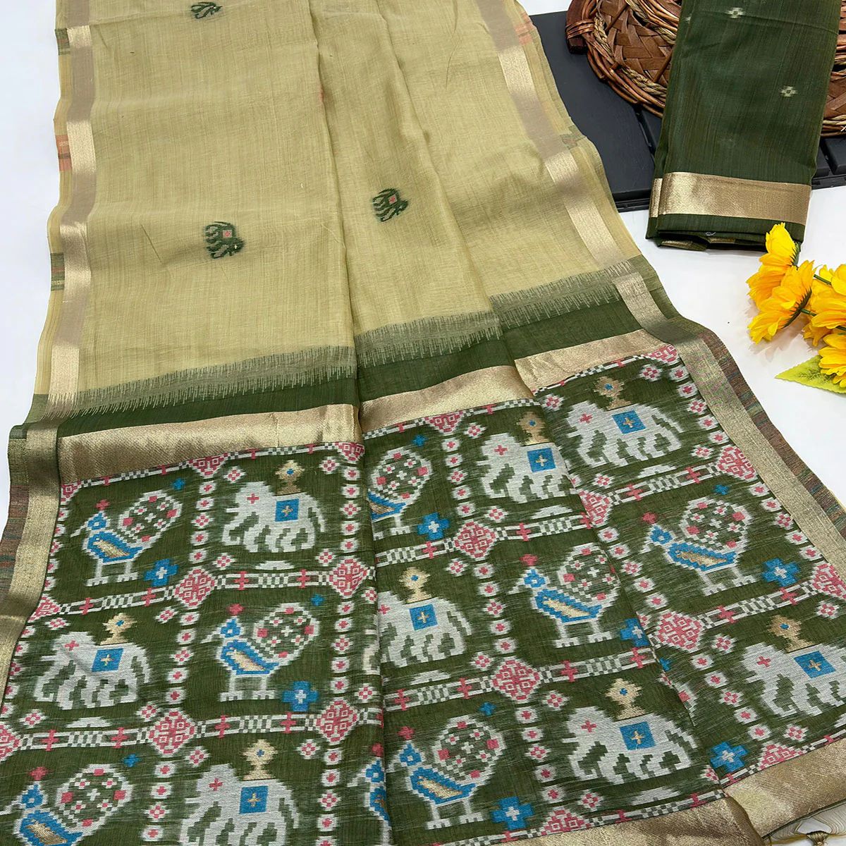 Green Muga Cotton Silk Saree with Traditional Patola Woven Pallu Design - Image 2
