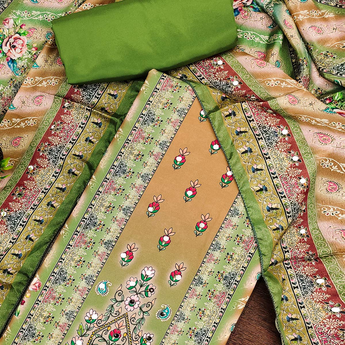 Green Muslin Dress Material Featuring Graceful Floral Digital Print Embellished With Mirror Work - Image 2