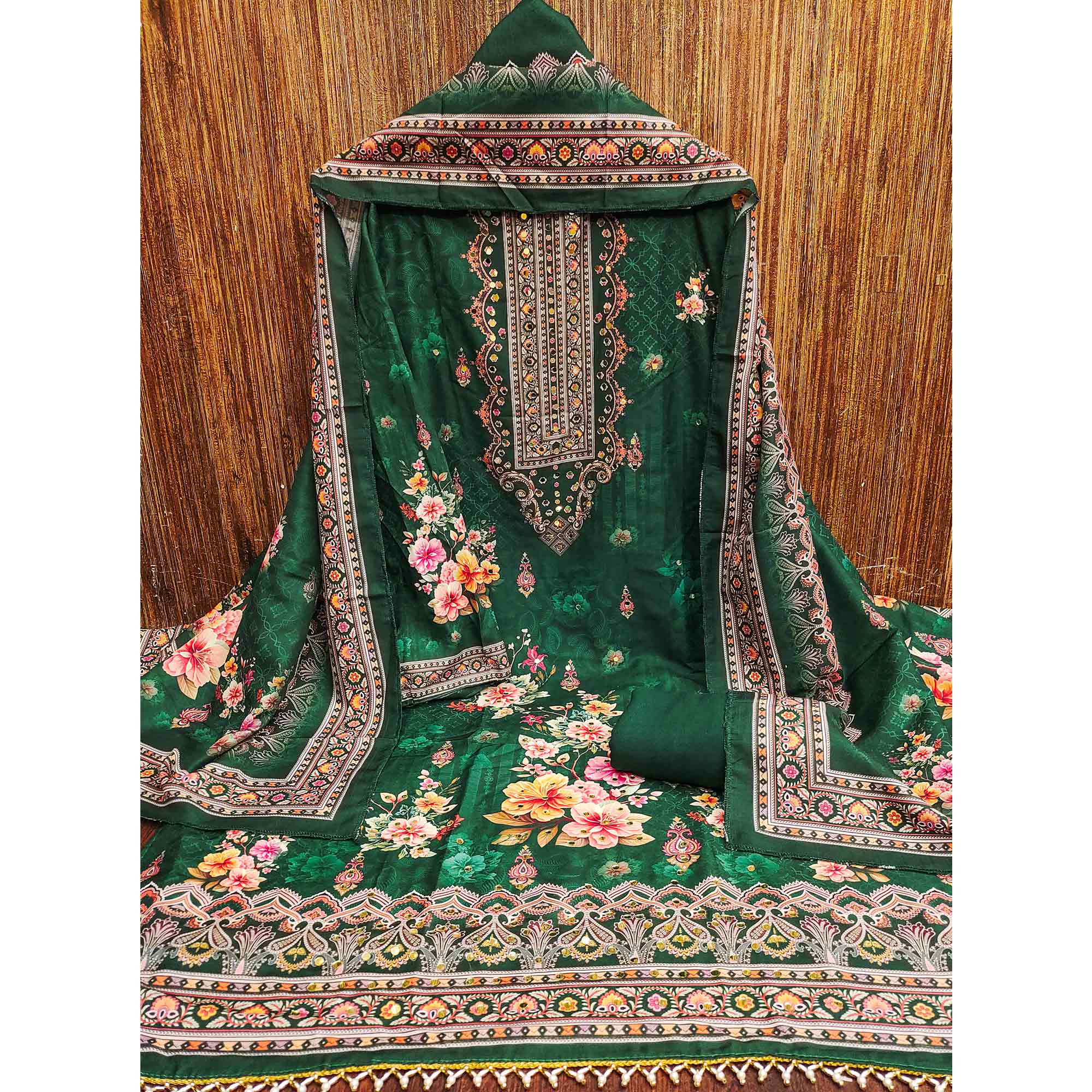 Green Muslin Suit Fabric Featuring Floral Print & Stone Highlights - Image 3