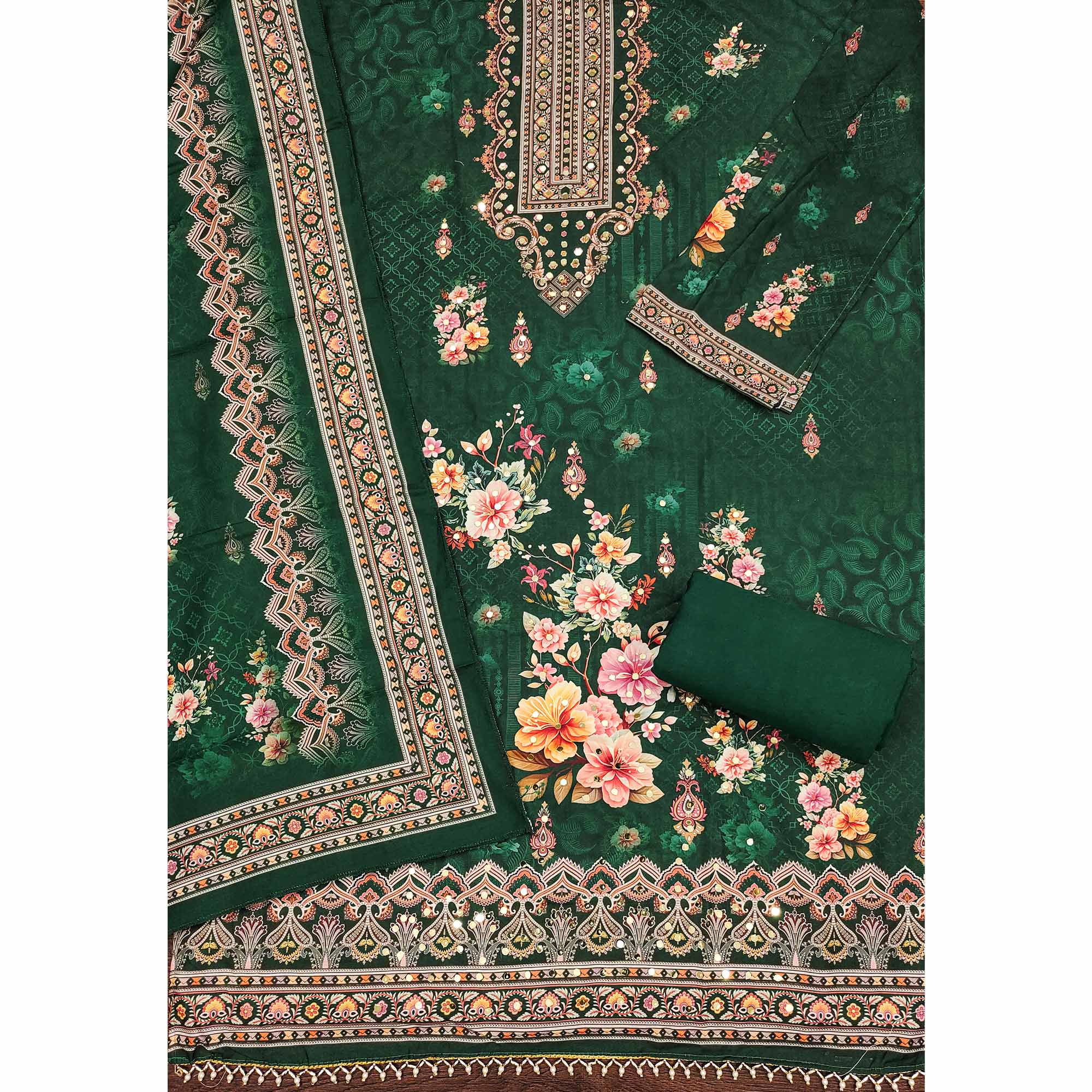 Green Muslin Suit Fabric Featuring Floral Print & Stone Highlights - Image 4