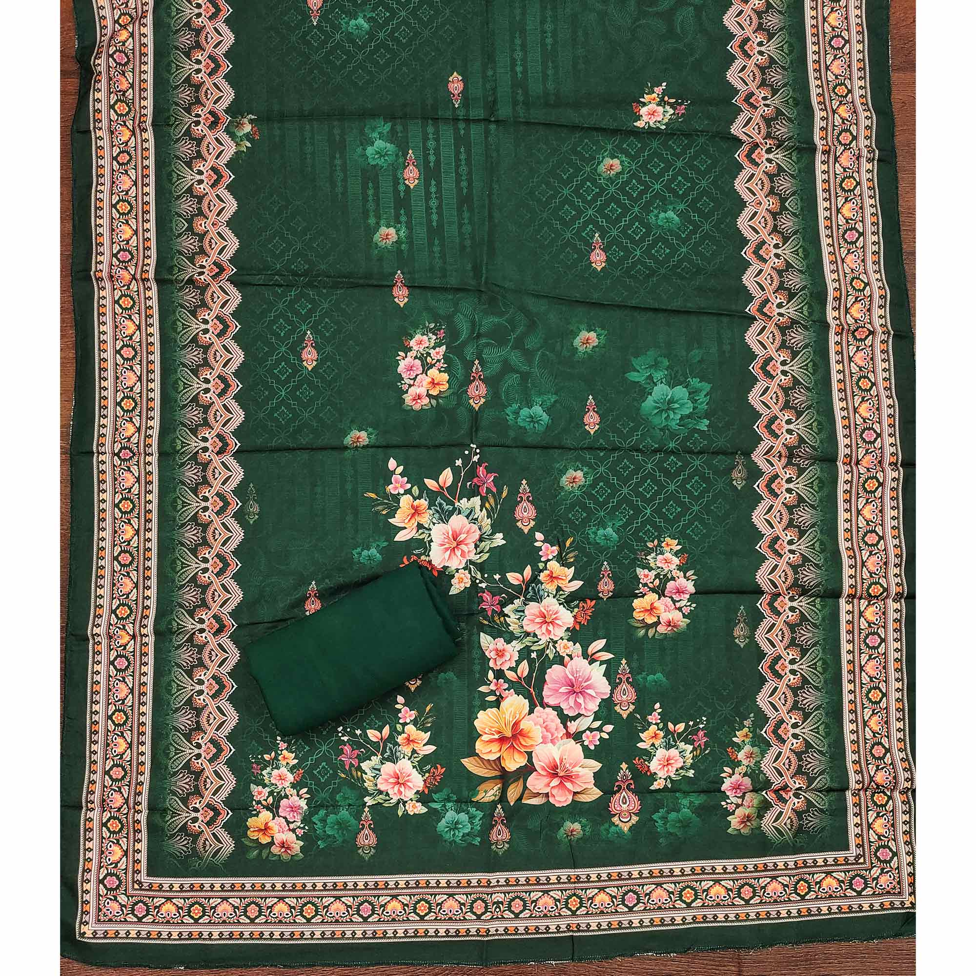 Green Muslin Suit Fabric Featuring Floral Print & Stone Highlights - Image 5