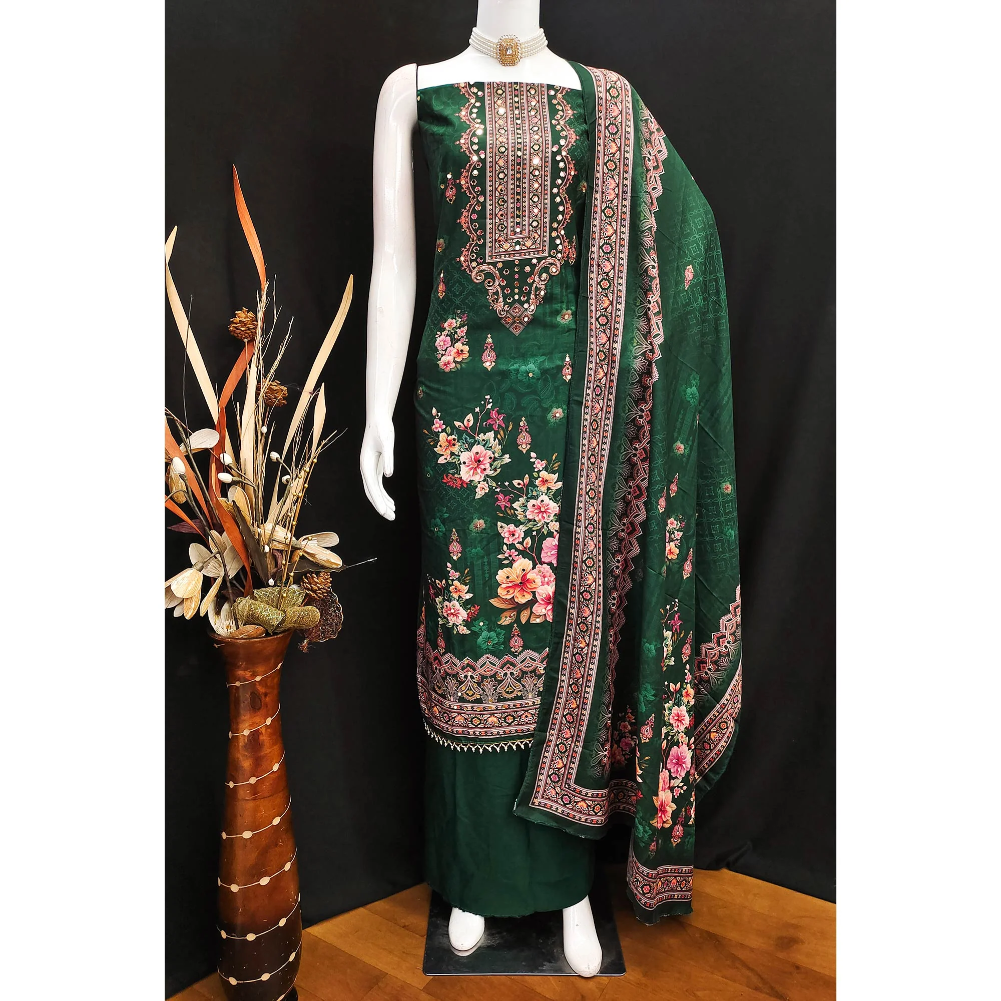 Green Muslin Suit Fabric Featuring Floral Print & Stone Highlights - Image 6