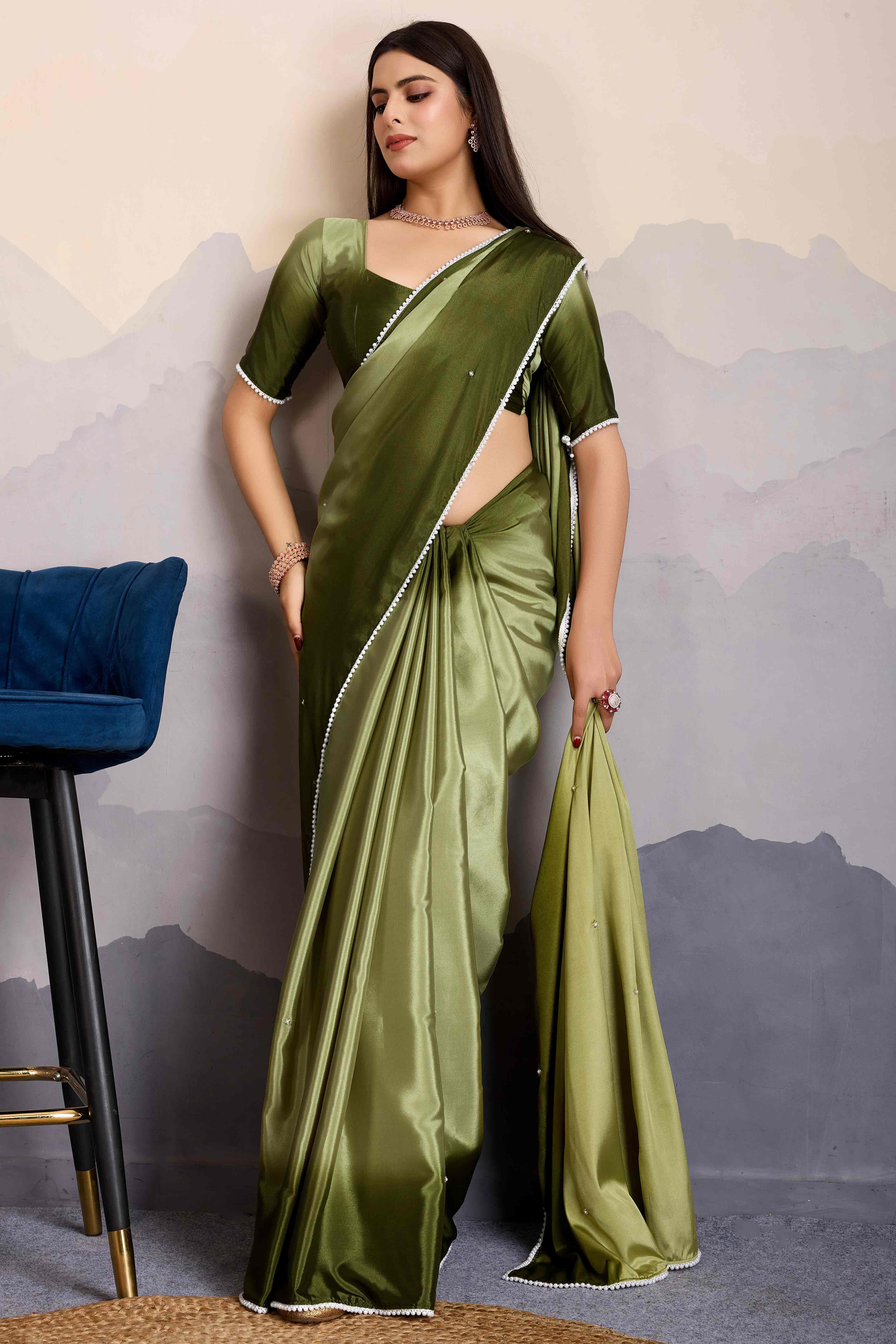 Green Ombre Satin Saree with Delicate Bead Embellishments - Image 7