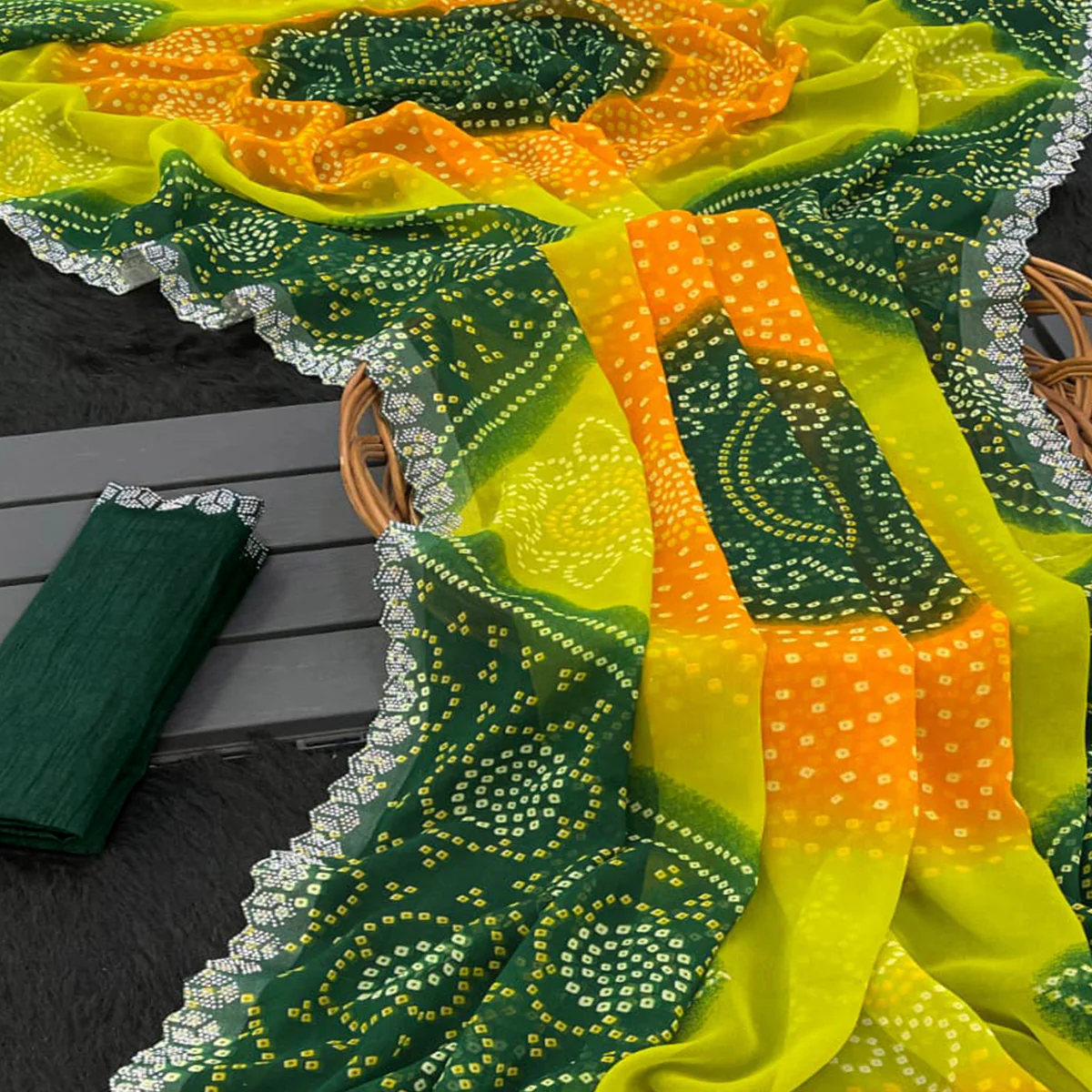 Green & Orange Georgette Saree With Traditional Bandhani Print And Sparkling Stone Work Border - Image 2
