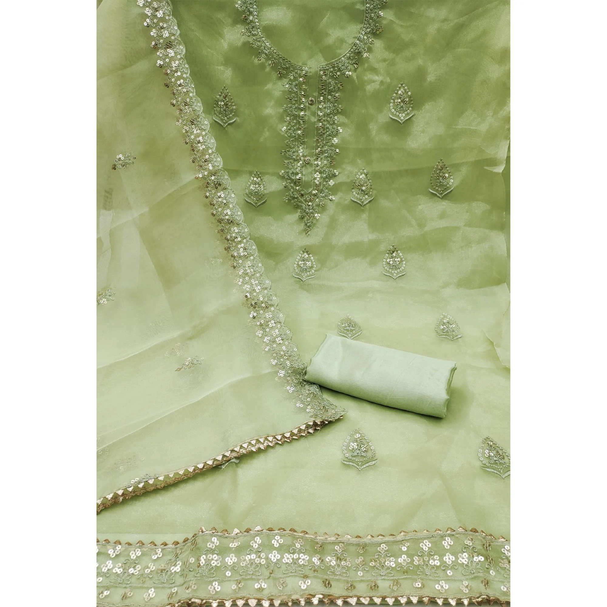 Green Organza Silk Dress Material With Exquisite Floral Embroidery & Sequin Work - Image 3