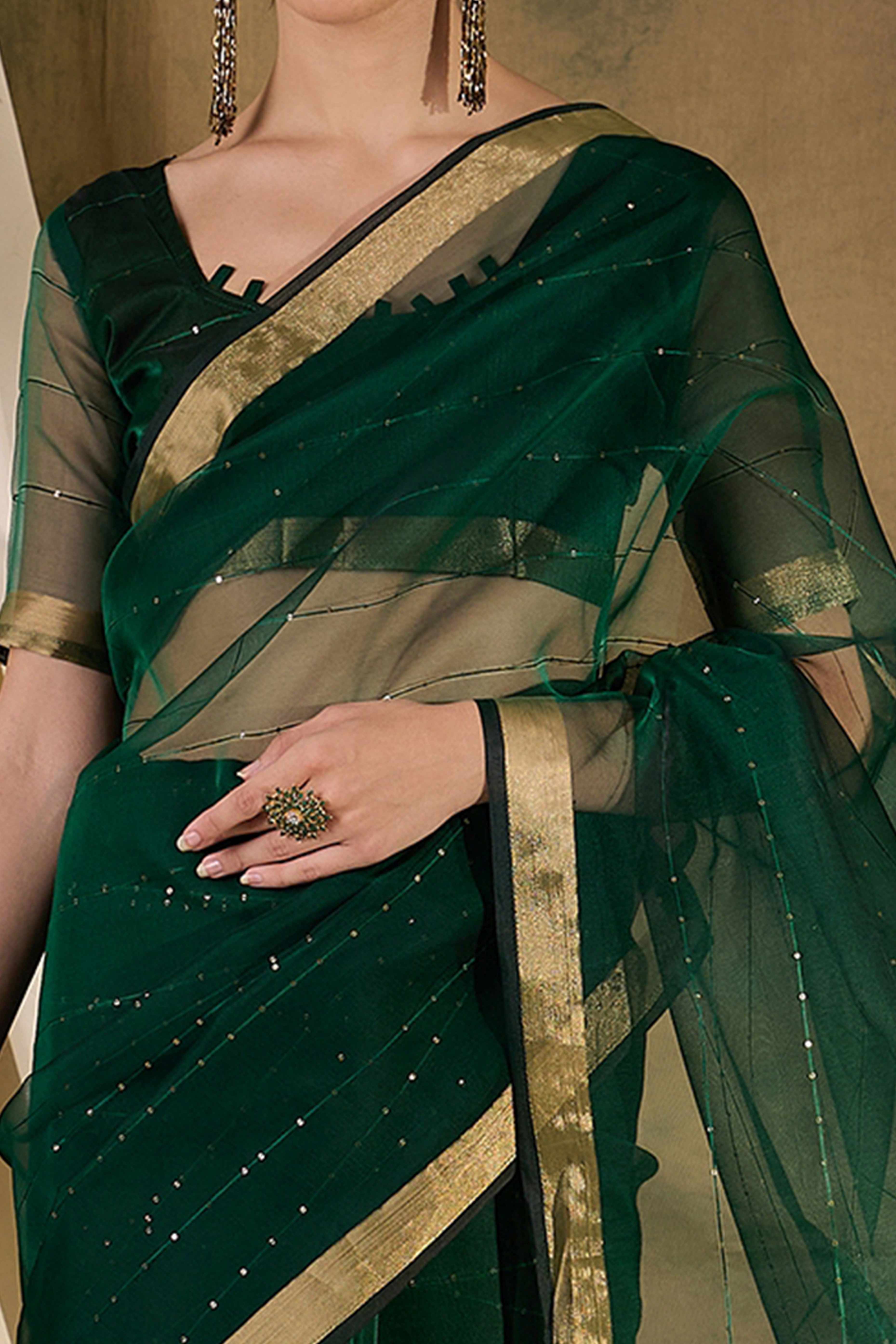 Green Organza Silk Saree Featuring Shimmering Sequins Embroidery & Elegant Tasselled Pallu - Image 2