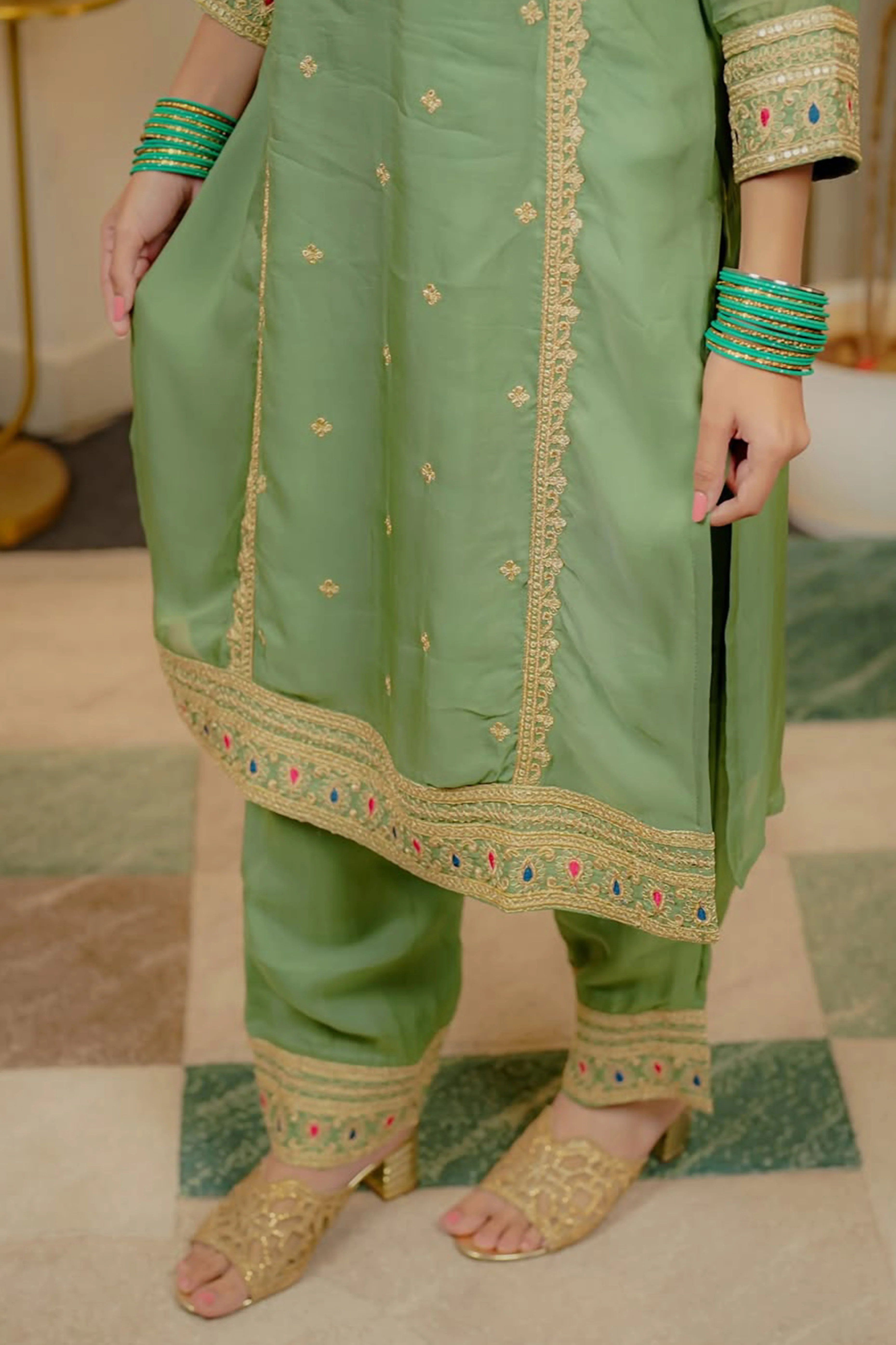 Green Organza Suit Accented with Thread & Sequins Work - Image 5