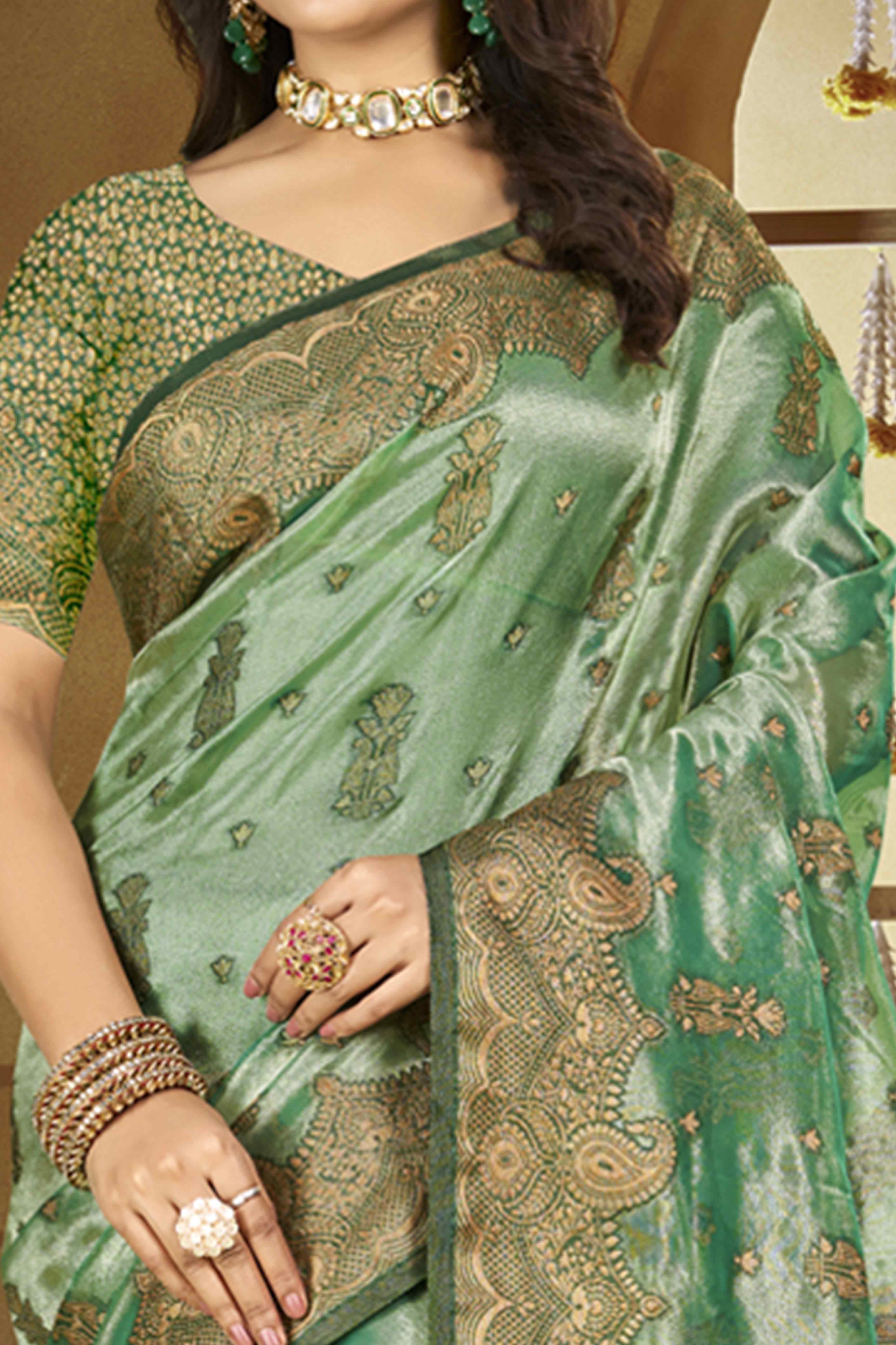 Green Paisley Pattern Woven Organza Silk Saree - Image 2