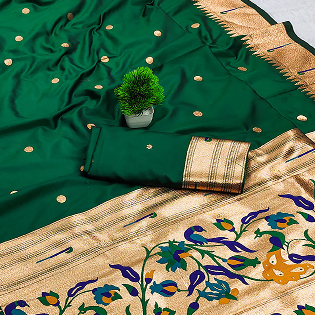 Green Paithani Style Cotton Silk Saree with Golden Zari Detailing - Image 2