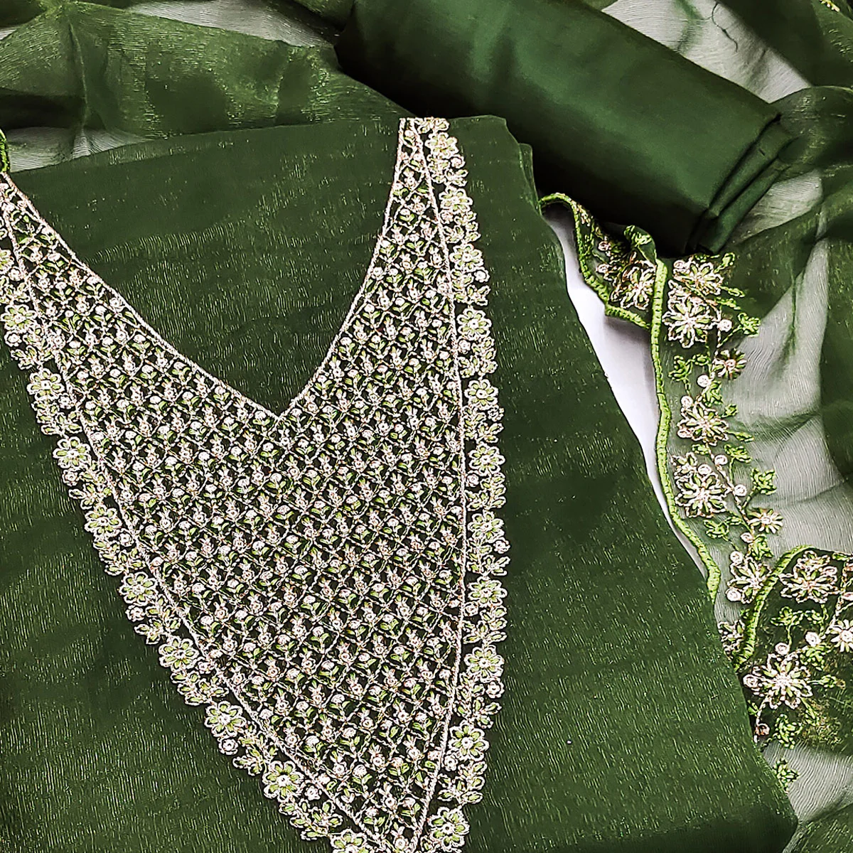 Green Party Wear Shimmer Dress Material with Floral Embellishment - Image 2