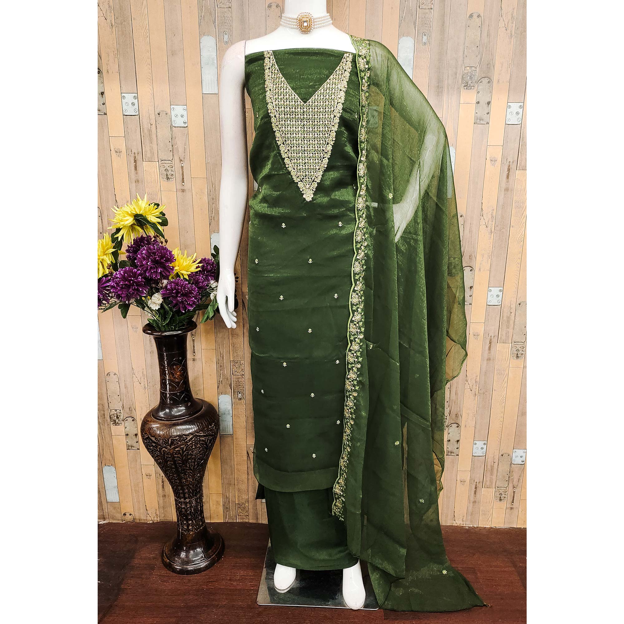 Green Party Wear Shimmer Dress Material with Floral Embellishment - Image 3