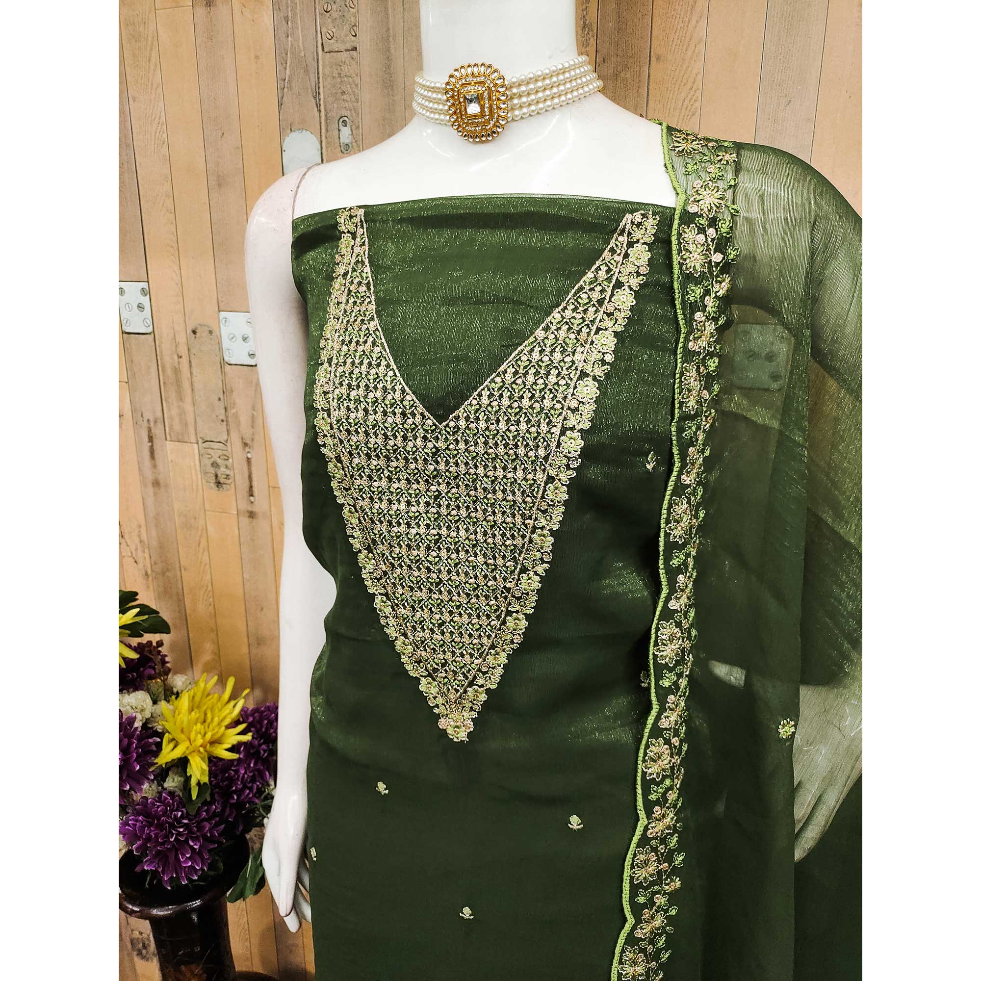 Green Party Wear Shimmer Dress Material with Floral Embellishment - Image 4