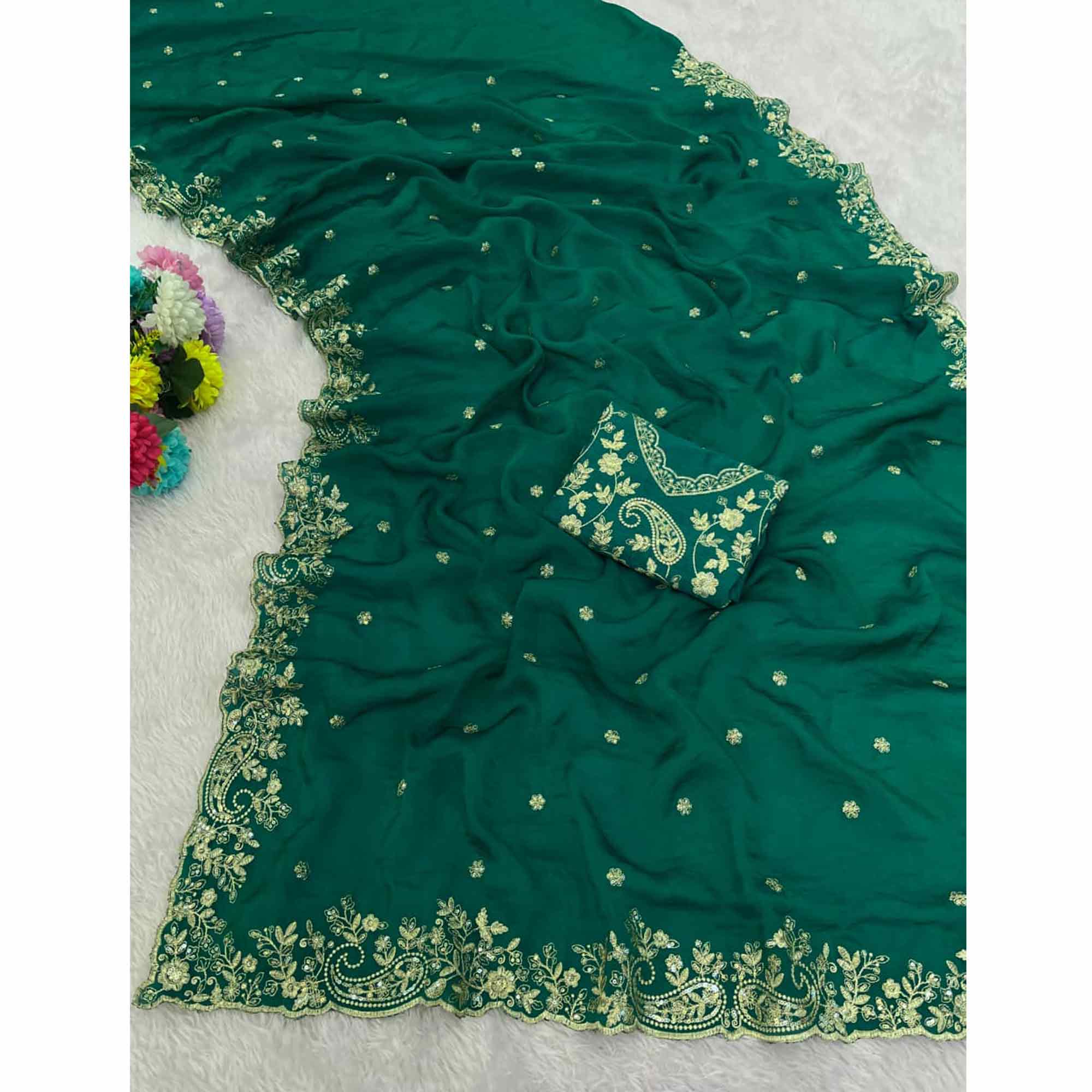 Green Partywear Organza Satin Silk Crush Saree with Delicate Floral Embroidery - Image 4
