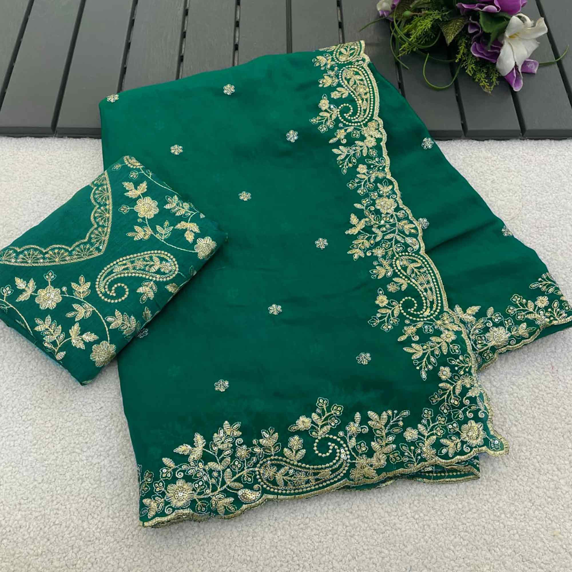 Green Partywear Organza Satin Silk Crush Saree with Delicate Floral Embroidery - Image 6