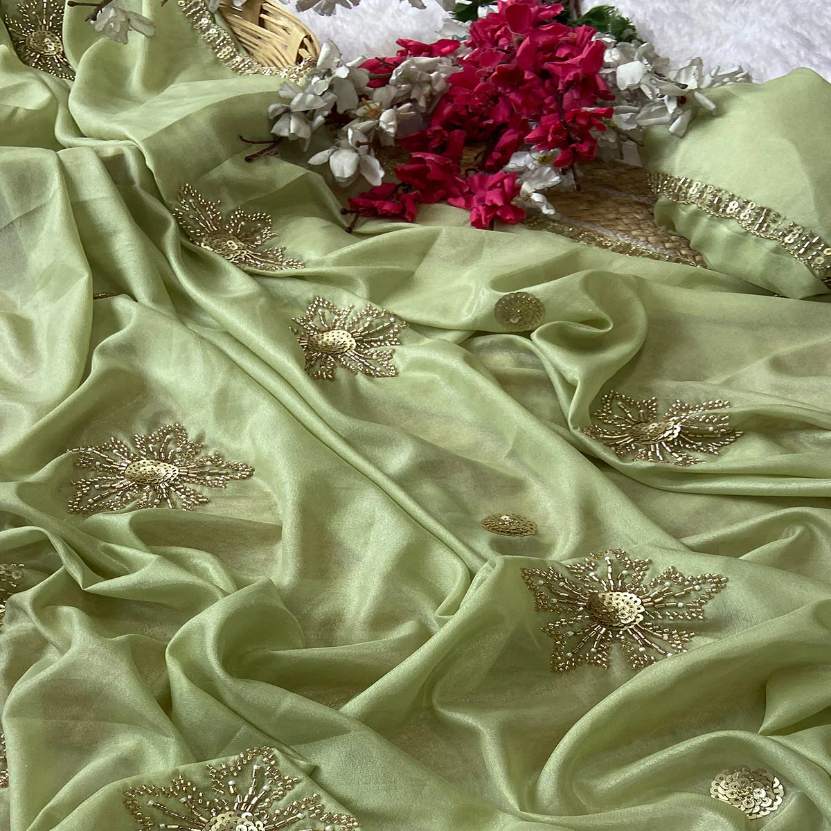 Green Partywear Saree in Crepe with Intricate Stone Work - Image 2