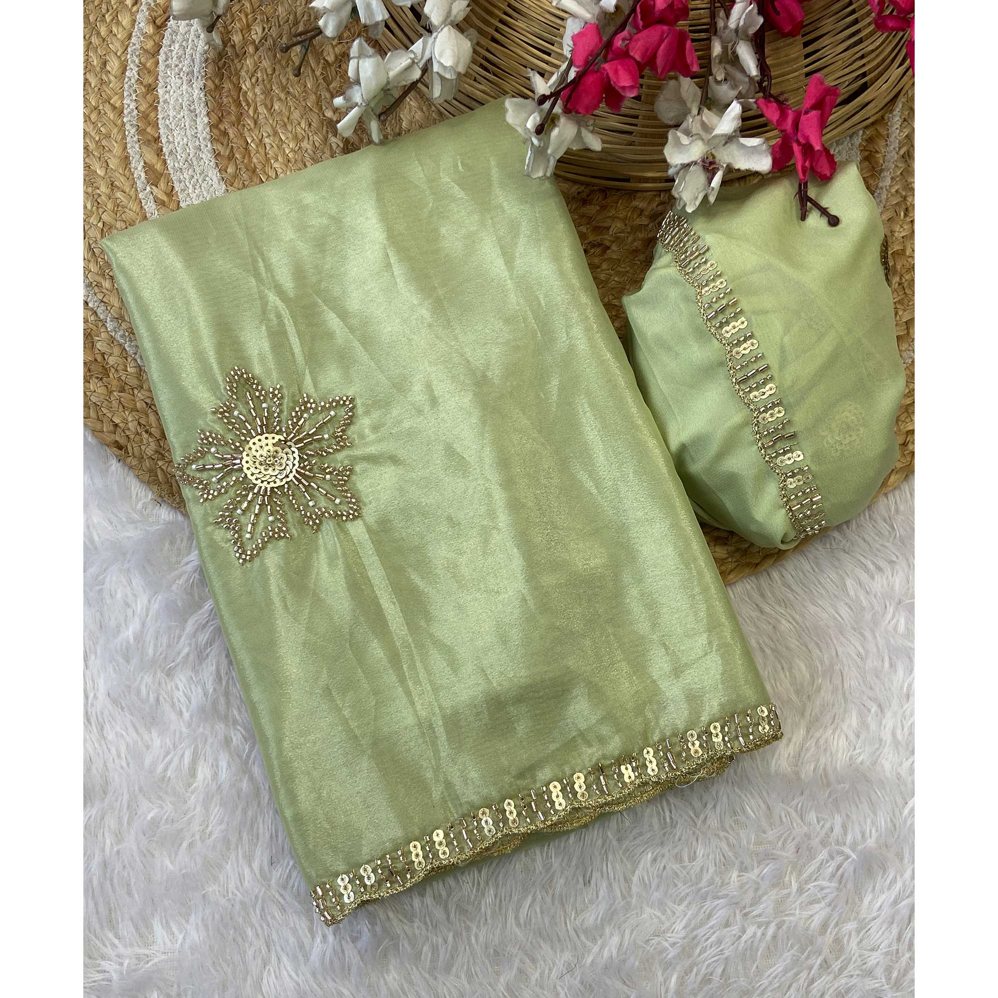 Green Partywear Saree in Crepe with Intricate Stone Work - Image 4