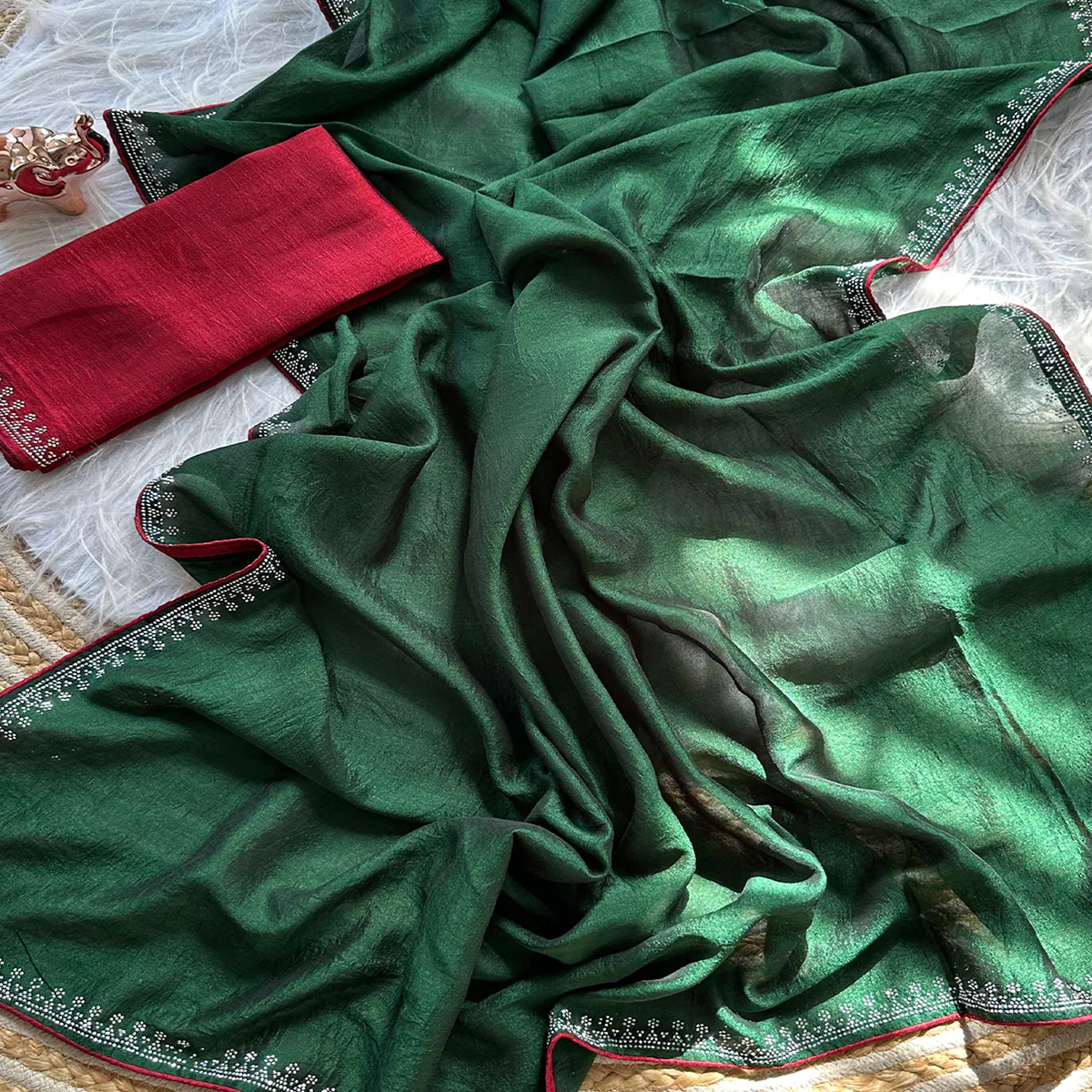 Green Partywear Vichitra Silk Saree Featuring Exquisite Swarovski Stone Work - Image 2