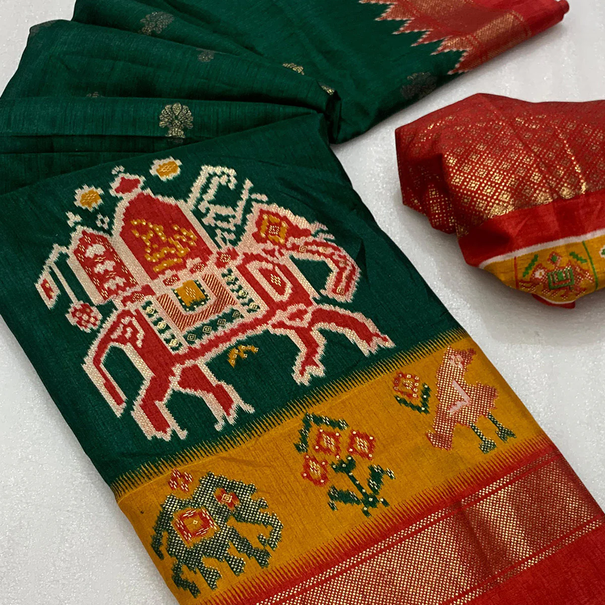 Green Patola Printed Dola Silk Saree - Image 2