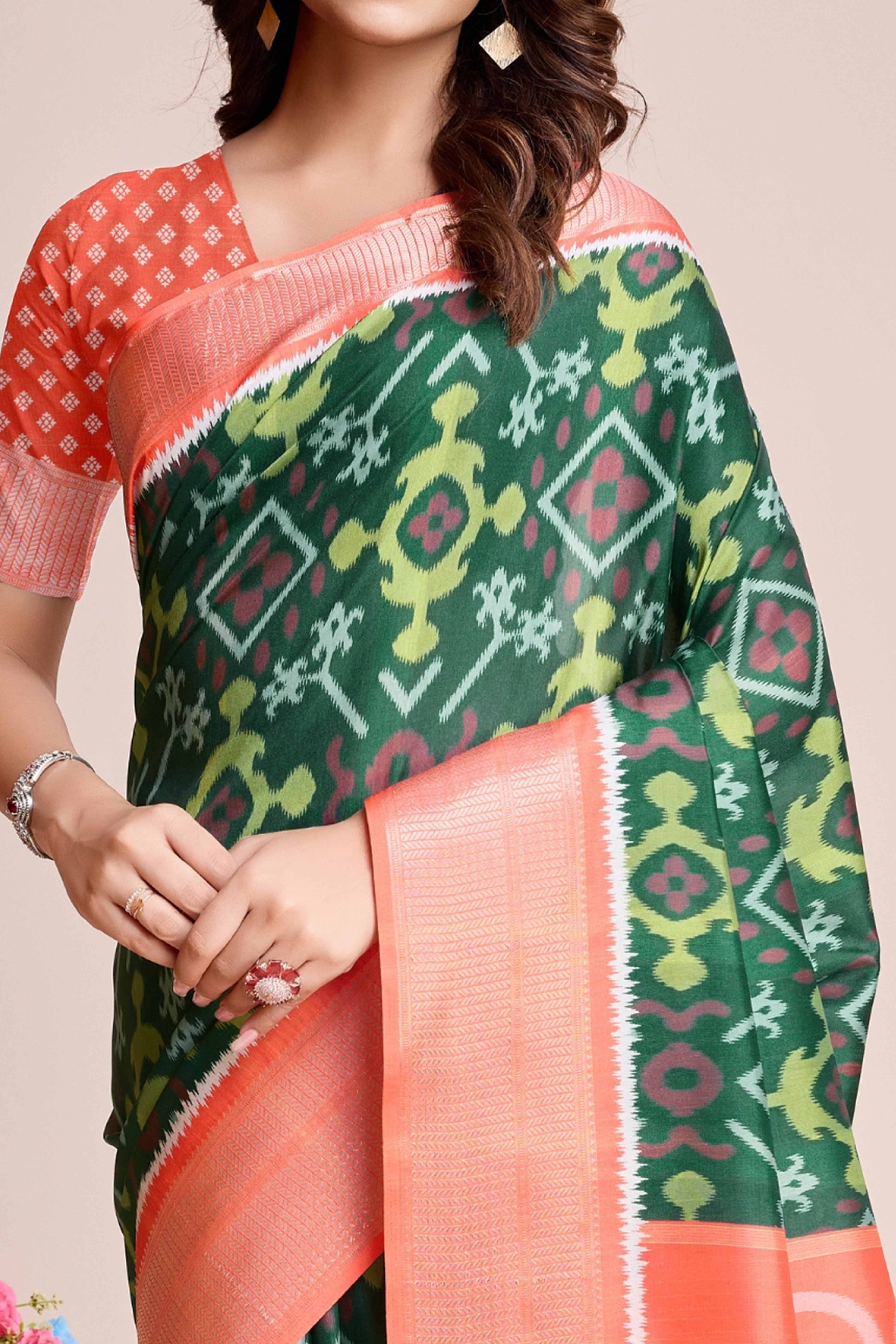 Green Patola Printed Dola Silk Saree - Image 2