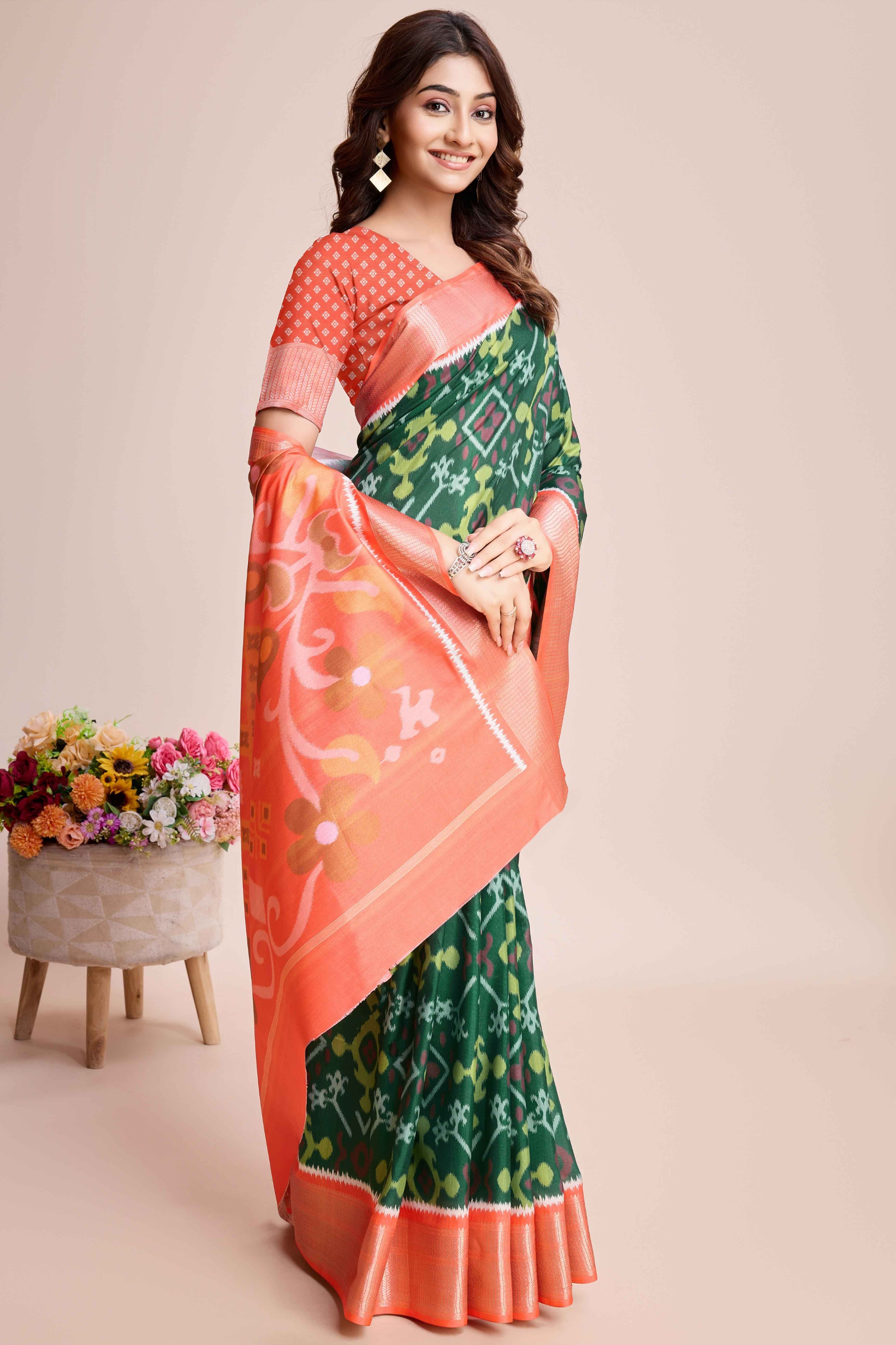 Green Patola Printed Dola Silk Saree - Image 3