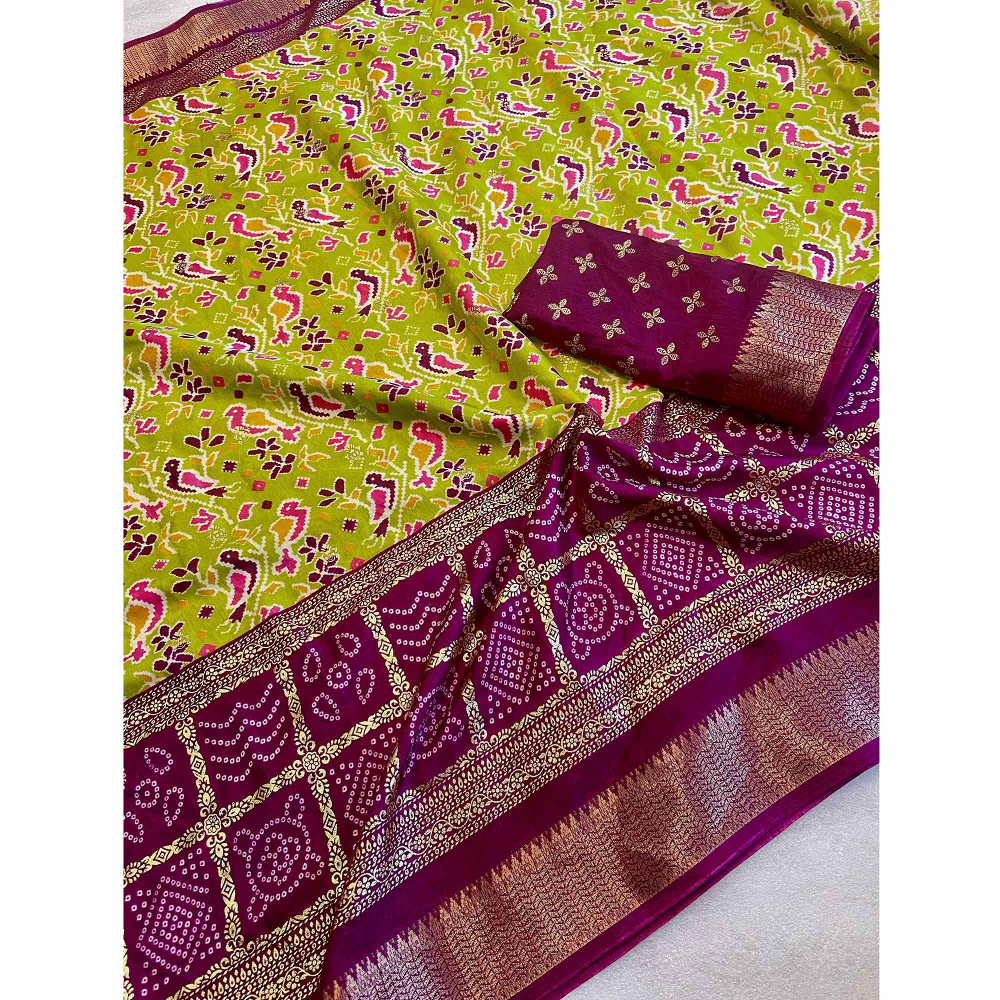 Green Patola Printed Dola Silk Saree With Zari Border - Image 3