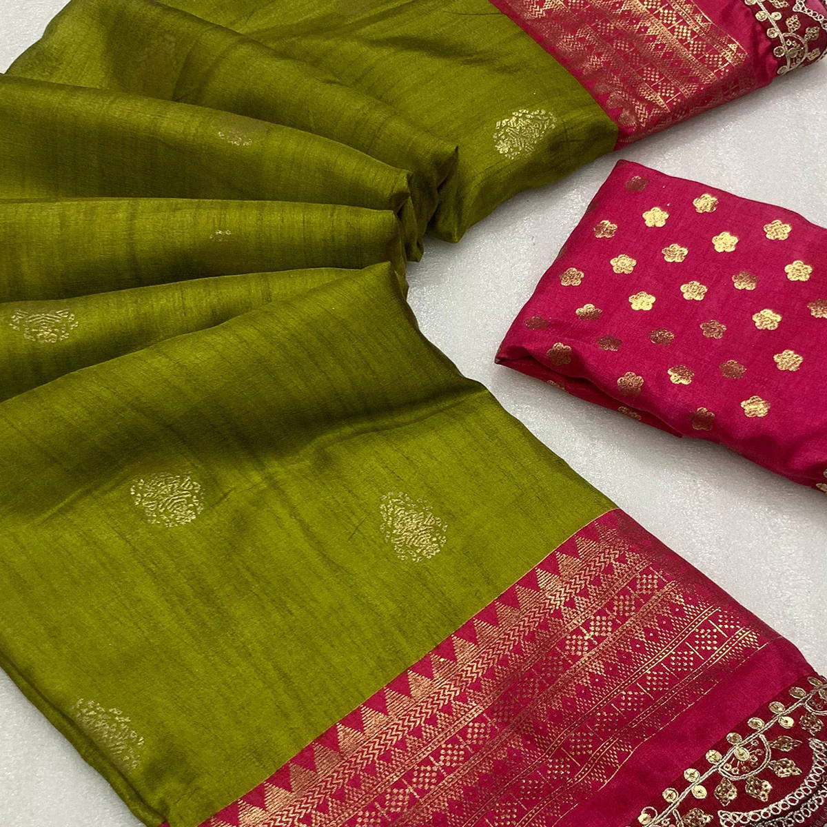 Green & Pink Foil Printed Dola Silk Saree With Sequins Embroidered Border - Image 2