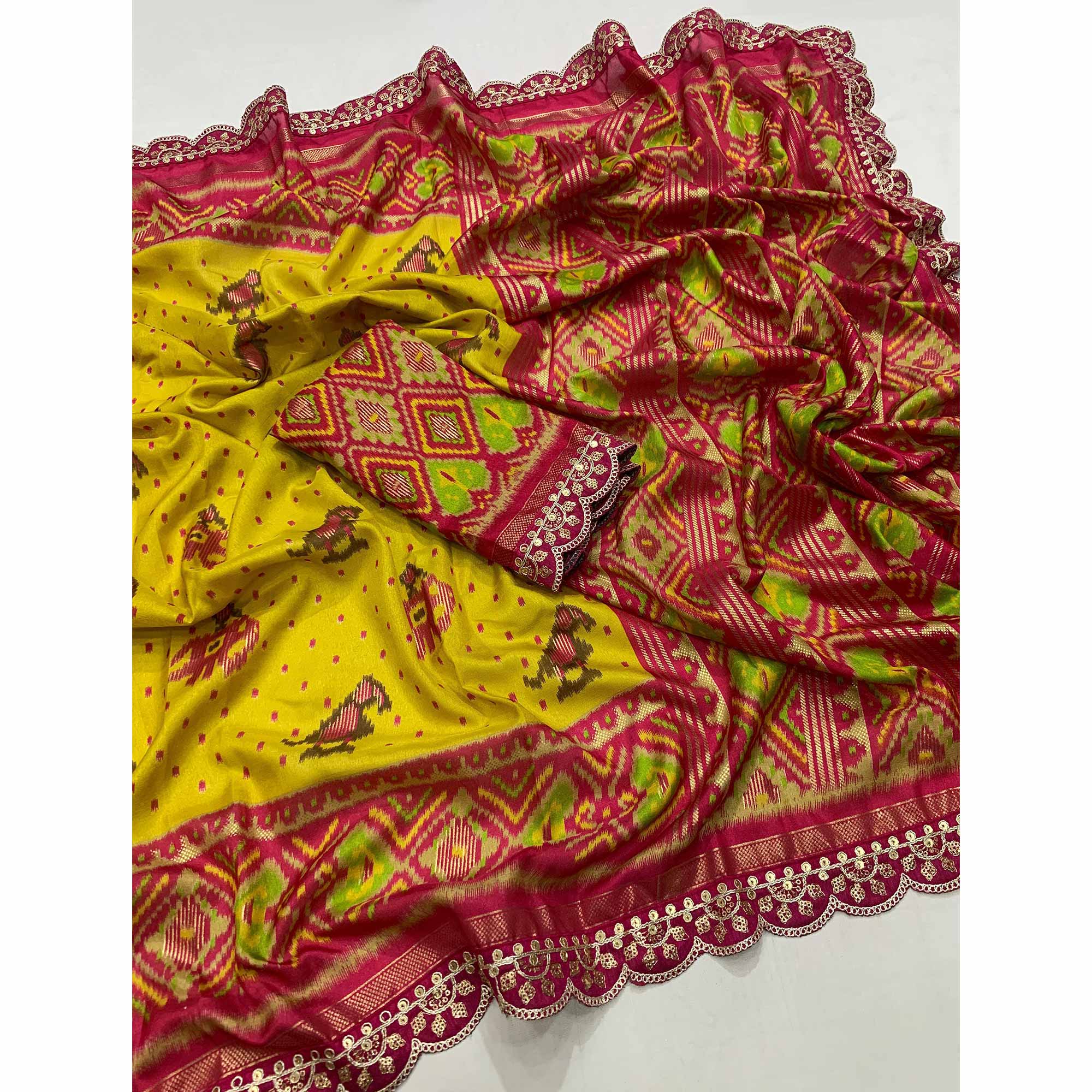 Green & Pink Ikkat Printed Dola Silk Saree With Sequins Embroidered Border - Image 3