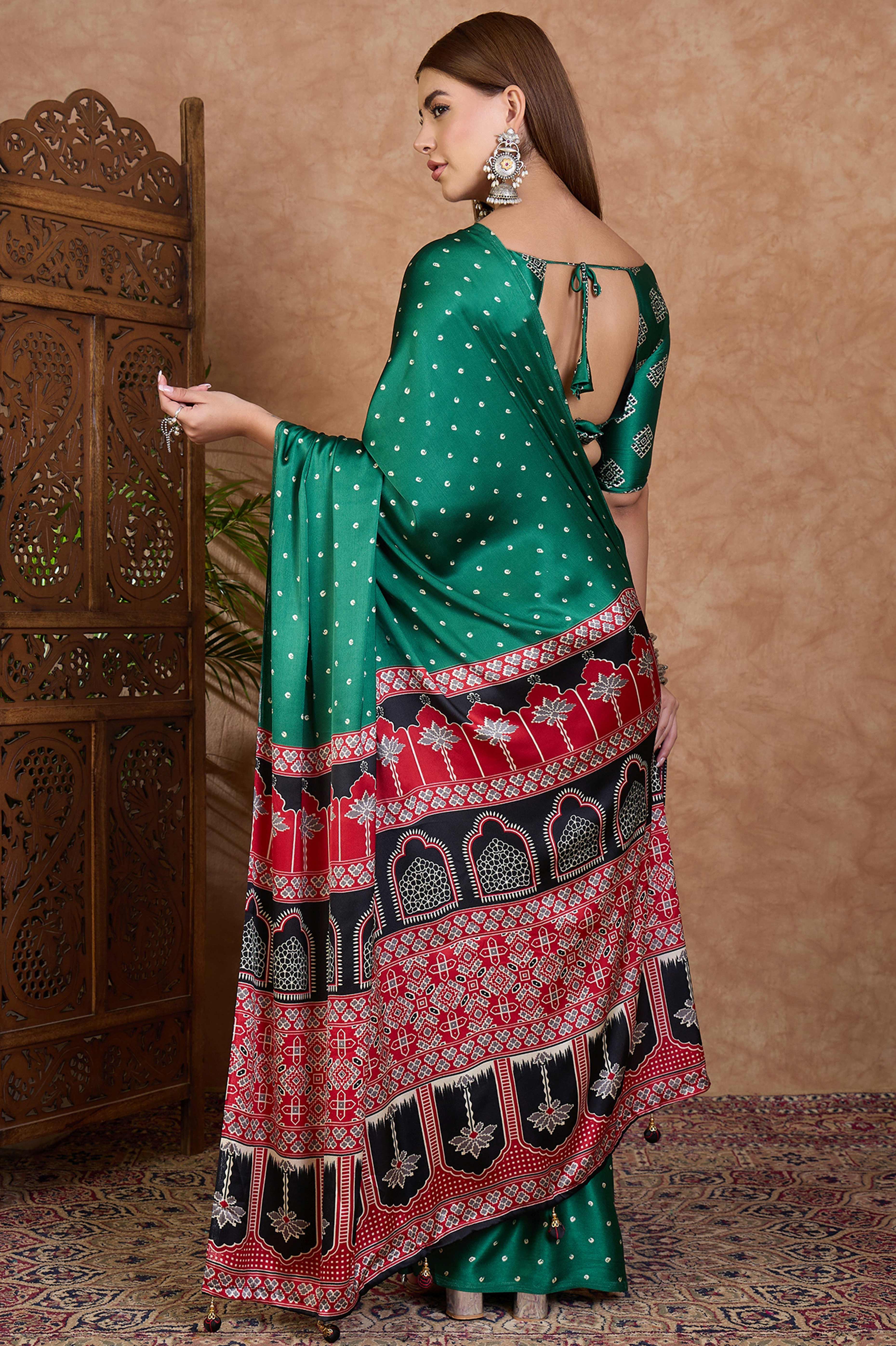 Green Polka Dot Modal Satin Saree with Traditional Ajrakh Detailing on Pallu - Image 5