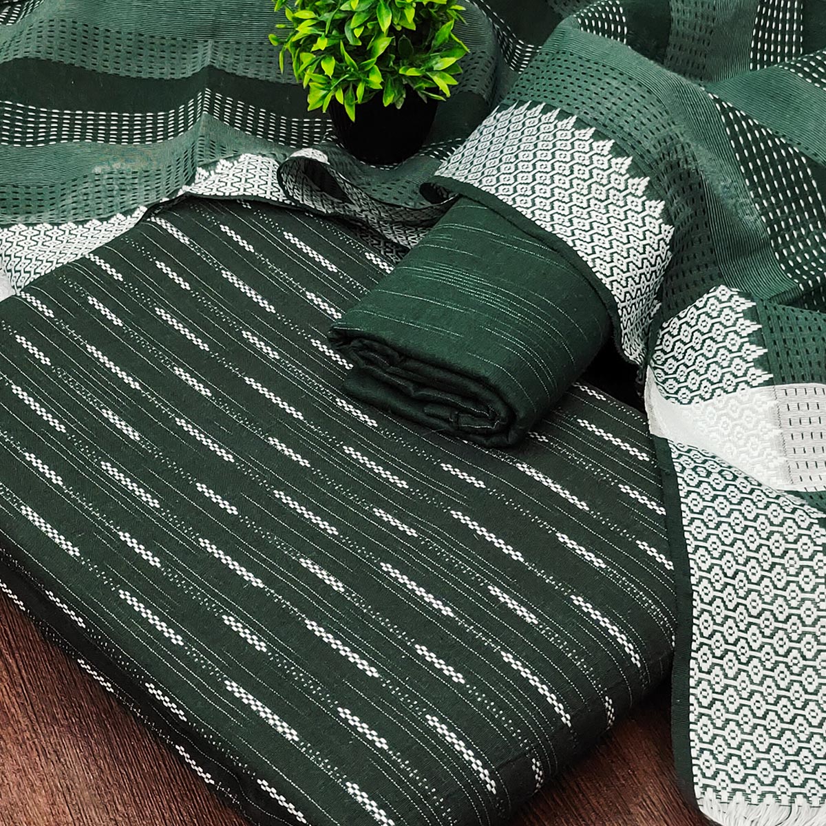 Green Poly Cotton Blend Dress Material Adorned With Striped Weaving Work - Image 2