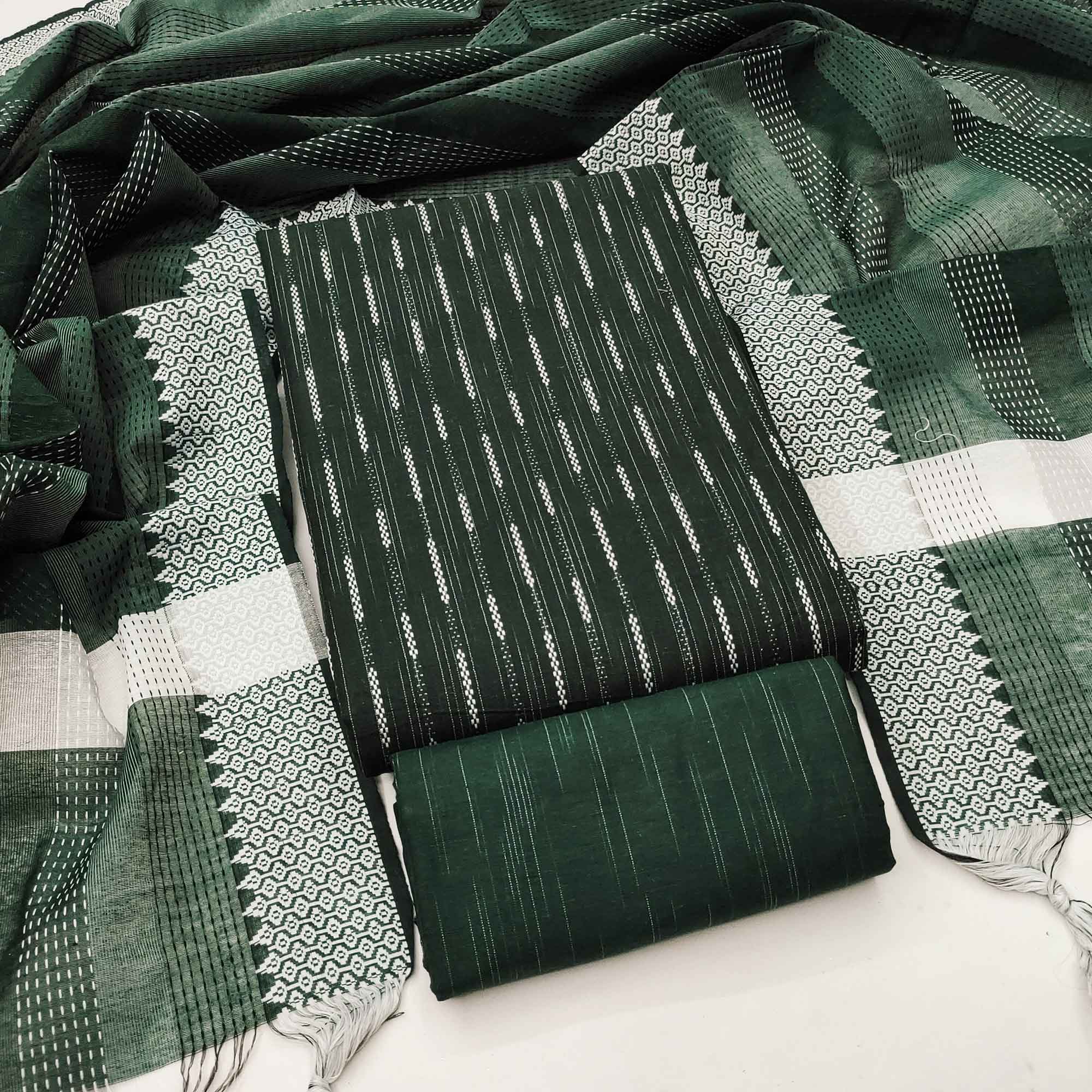 Green Poly Cotton Blend Dress Material Adorned With Striped Weaving Work - Image 3