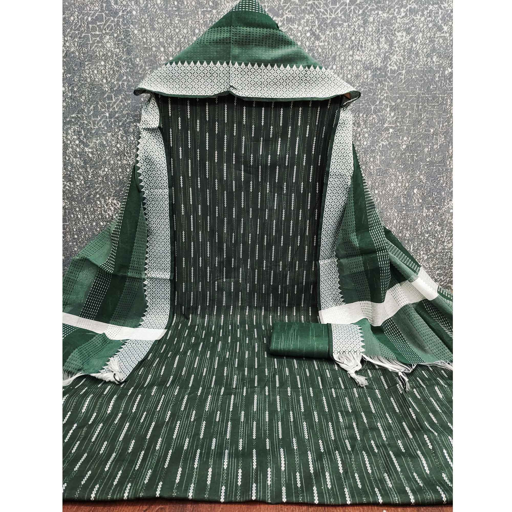 Green Poly Cotton Blend Dress Material Adorned With Striped Weaving Work - Image 4