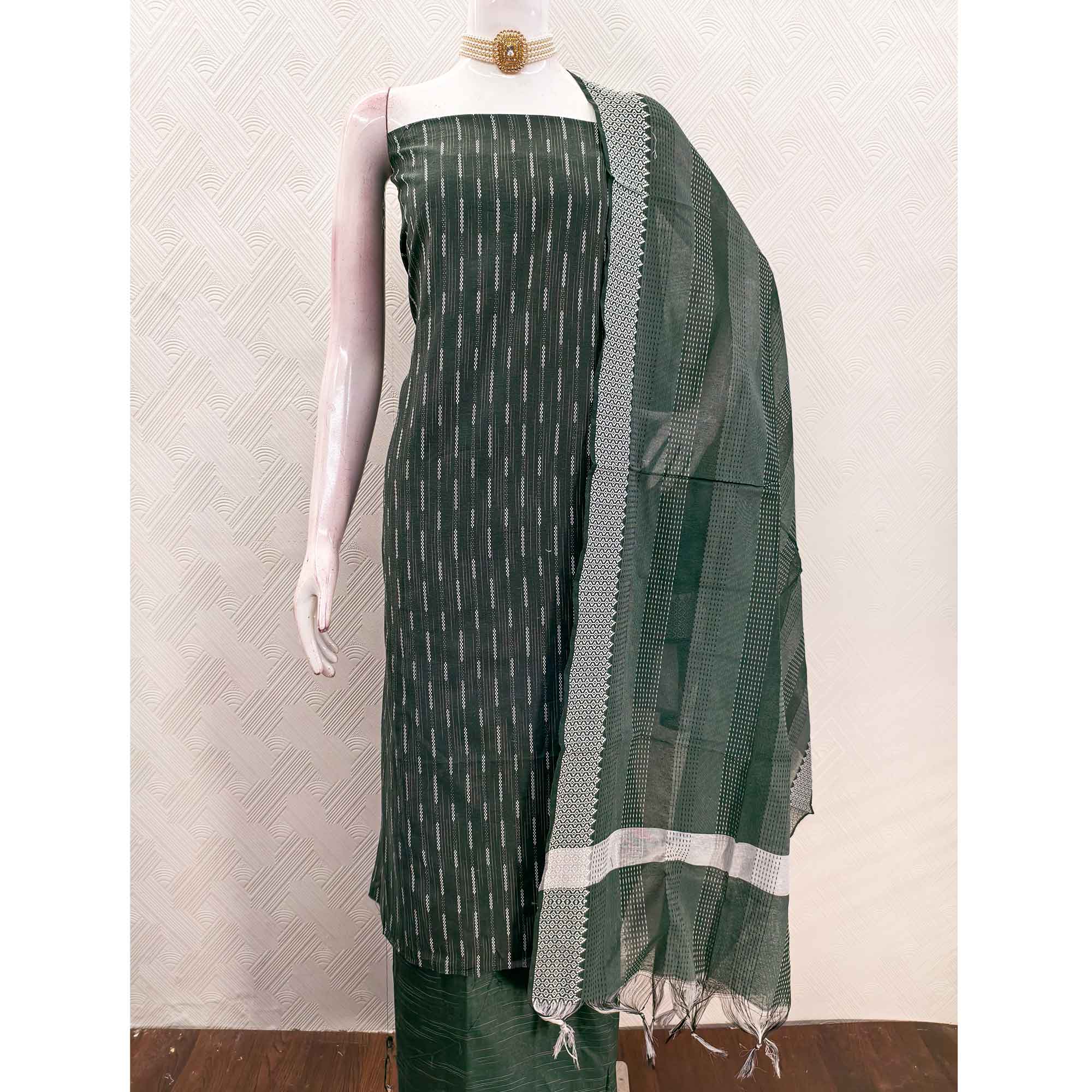 Green Poly Cotton Blend Dress Material Adorned With Striped Weaving Work - Image 5