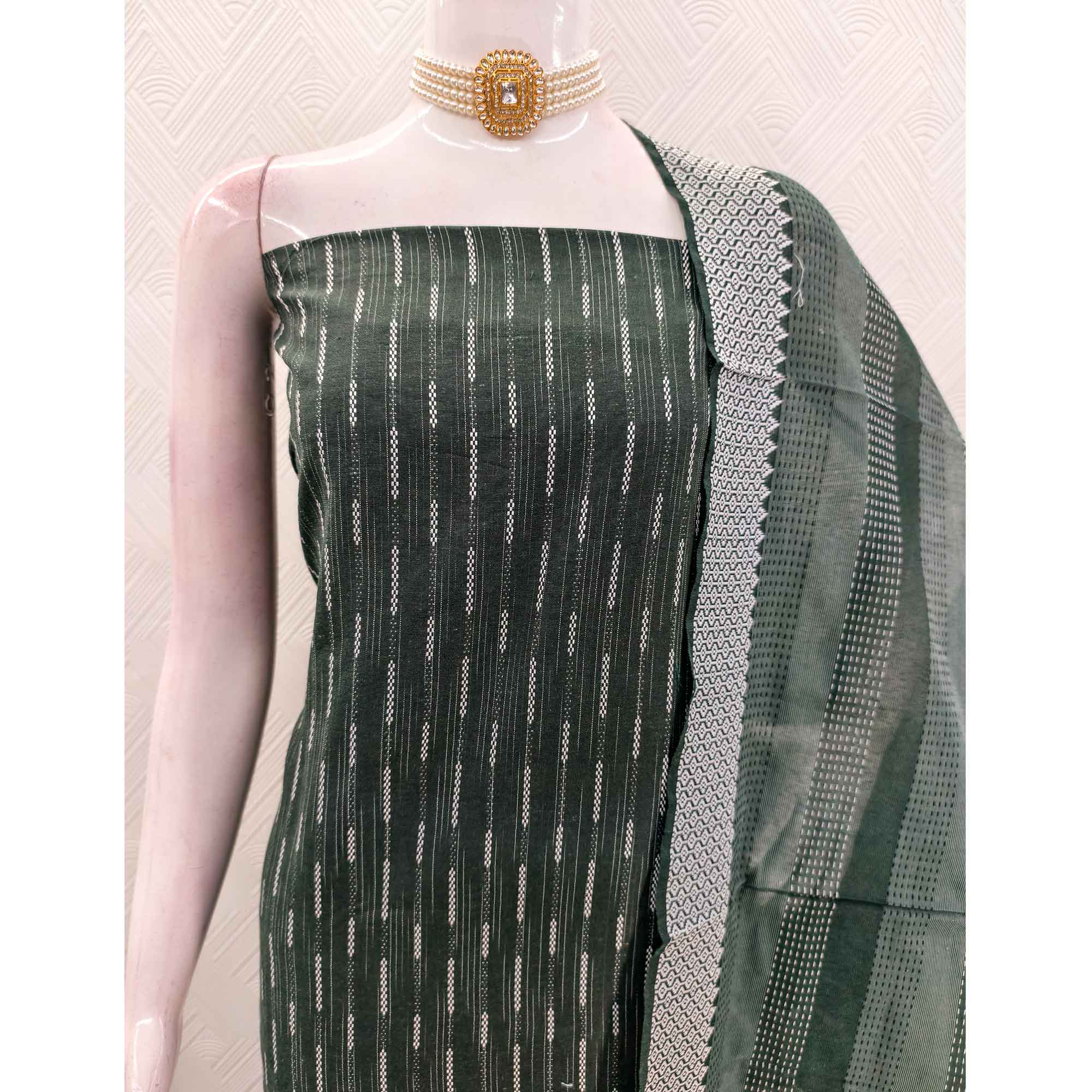Green Poly Cotton Blend Dress Material Adorned With Striped Weaving Work - Image 6