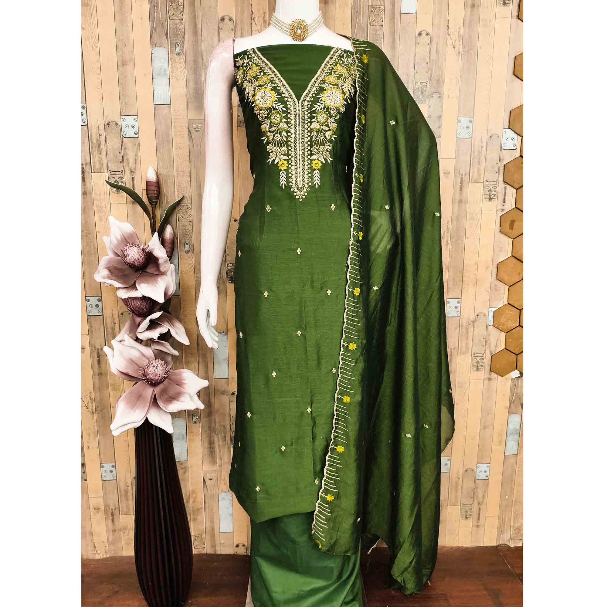 Green Premium Vichitra Silk Dress Material Featuring Delicate Floral Embroidered Detailing - Image 3